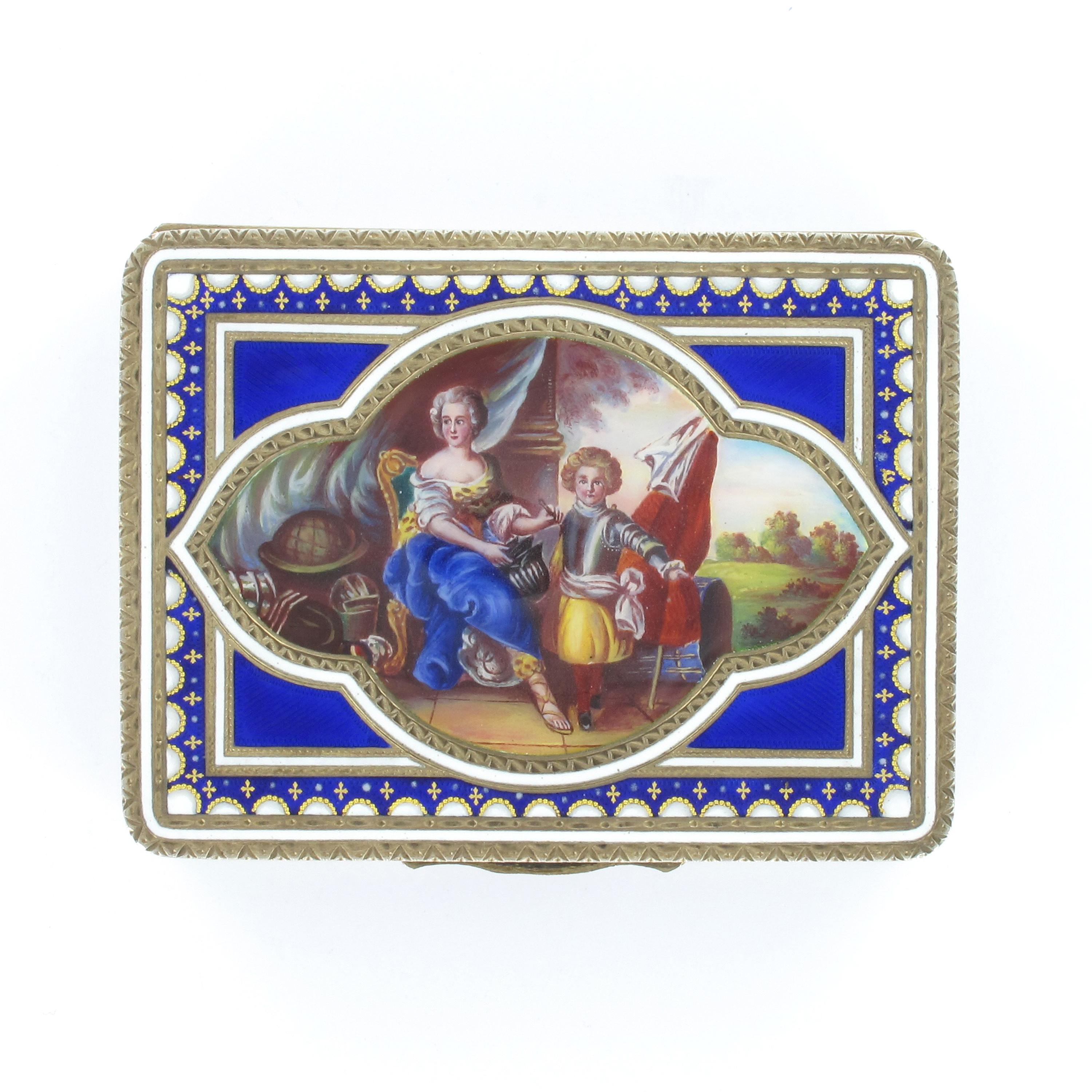 Finely enameled box in sterling silver 925. The inside is gilded with yellow gold 750. Maker's mark GS, hallmark 925 for sterling silver. The box is in excellent condition - abosolutely no damages on the enamel work.

Dimensions: 7.8 x 5.9 cm / 3.07