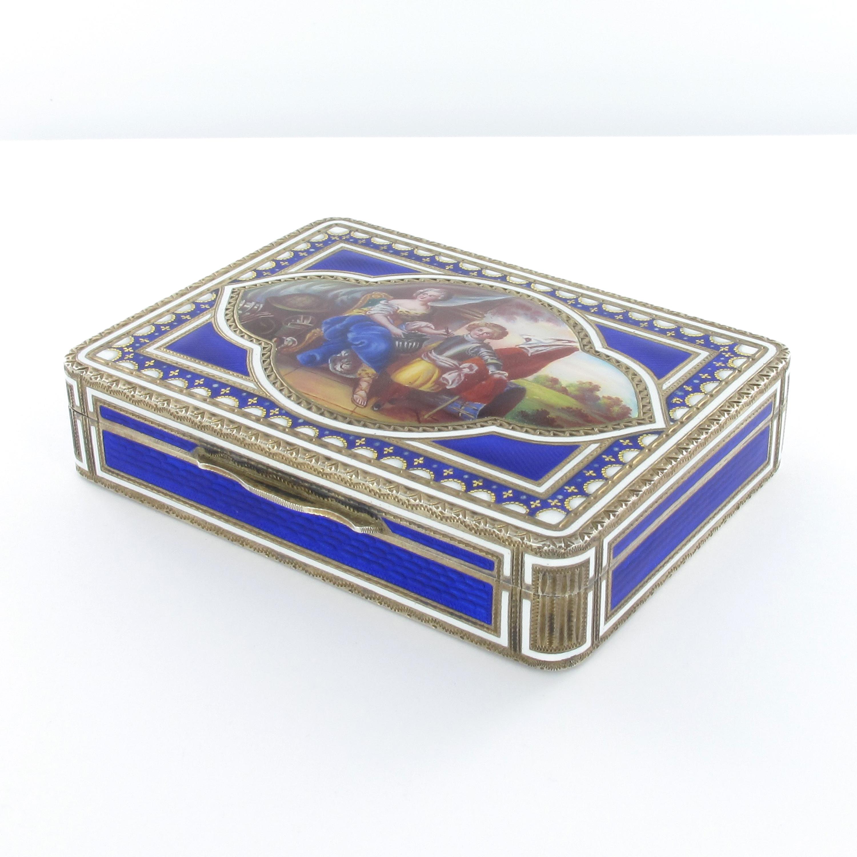 Women's or Men's Antique Sterling Silver, Gold-Plated Box with Enamel Painting