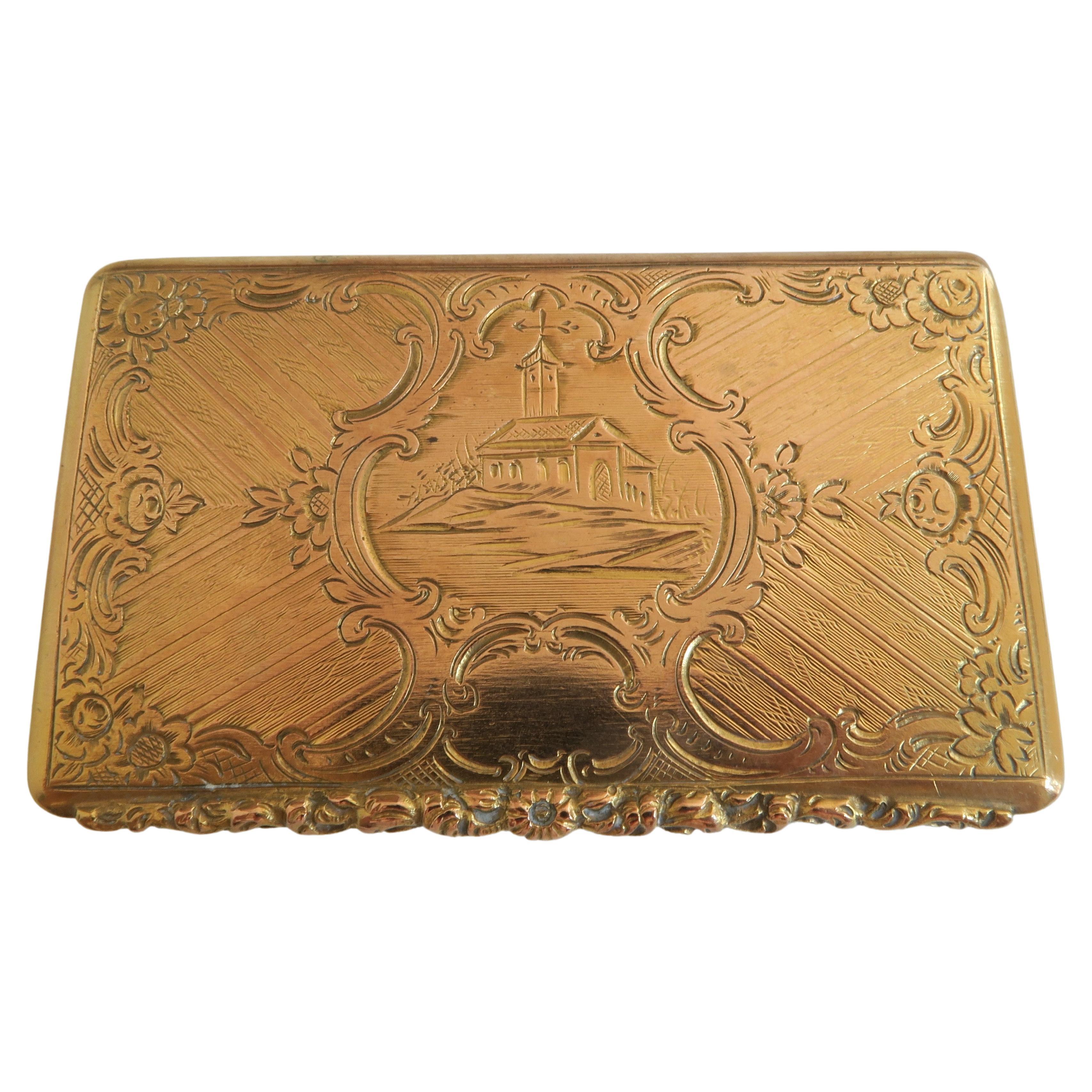 Antique Sterling Silver Gold Plated Snuff Box with Architectural Motif For Sale