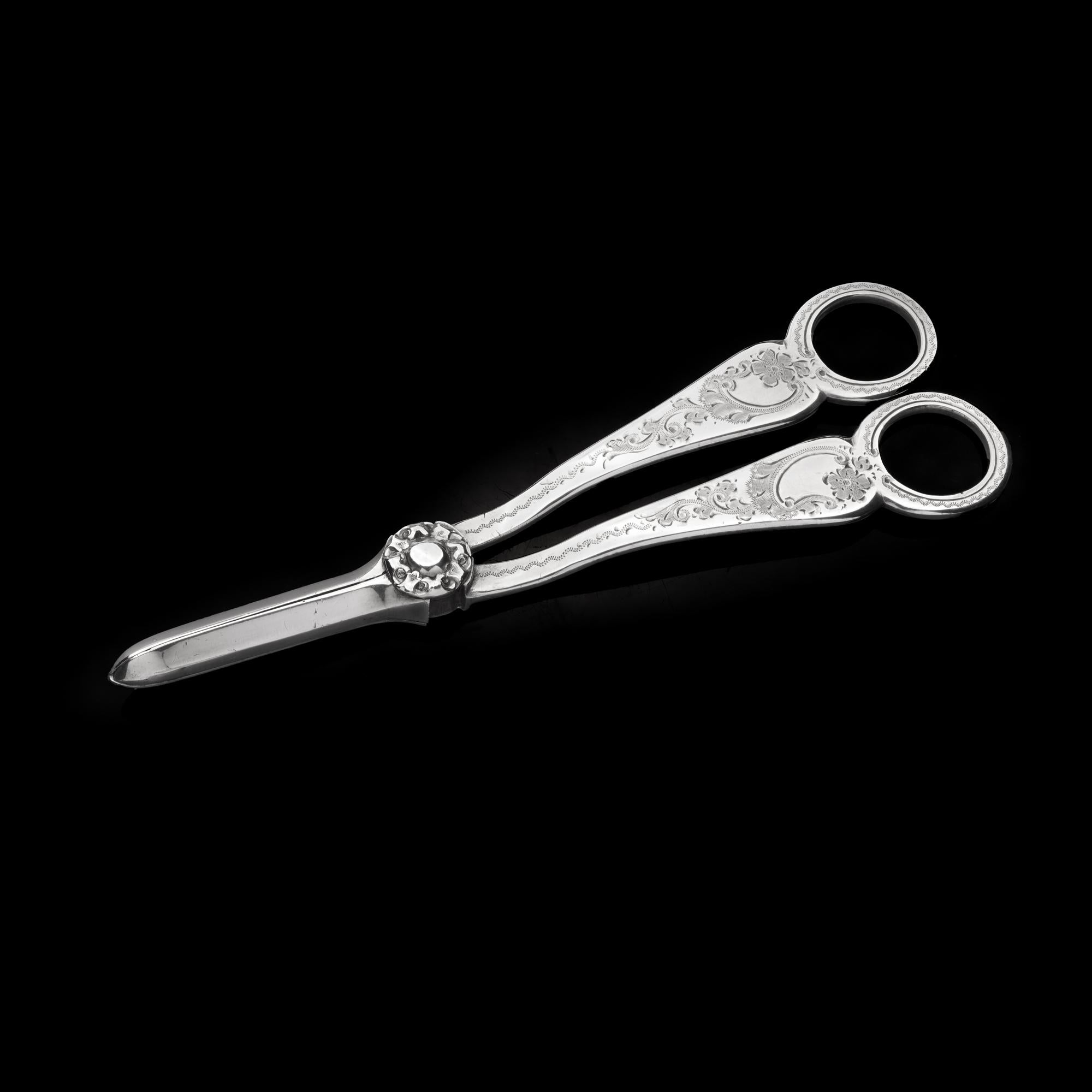 Forbici da uva antiche in argento sterling con incisioni floreali ornamentali sui manici e lama liscia.

Specifiche:
Materiale: Argento 925
Fabbricante: Non identificato (nessun marchio di fabbrica visibile)
Data di fabbricazione: Inizio del XX
