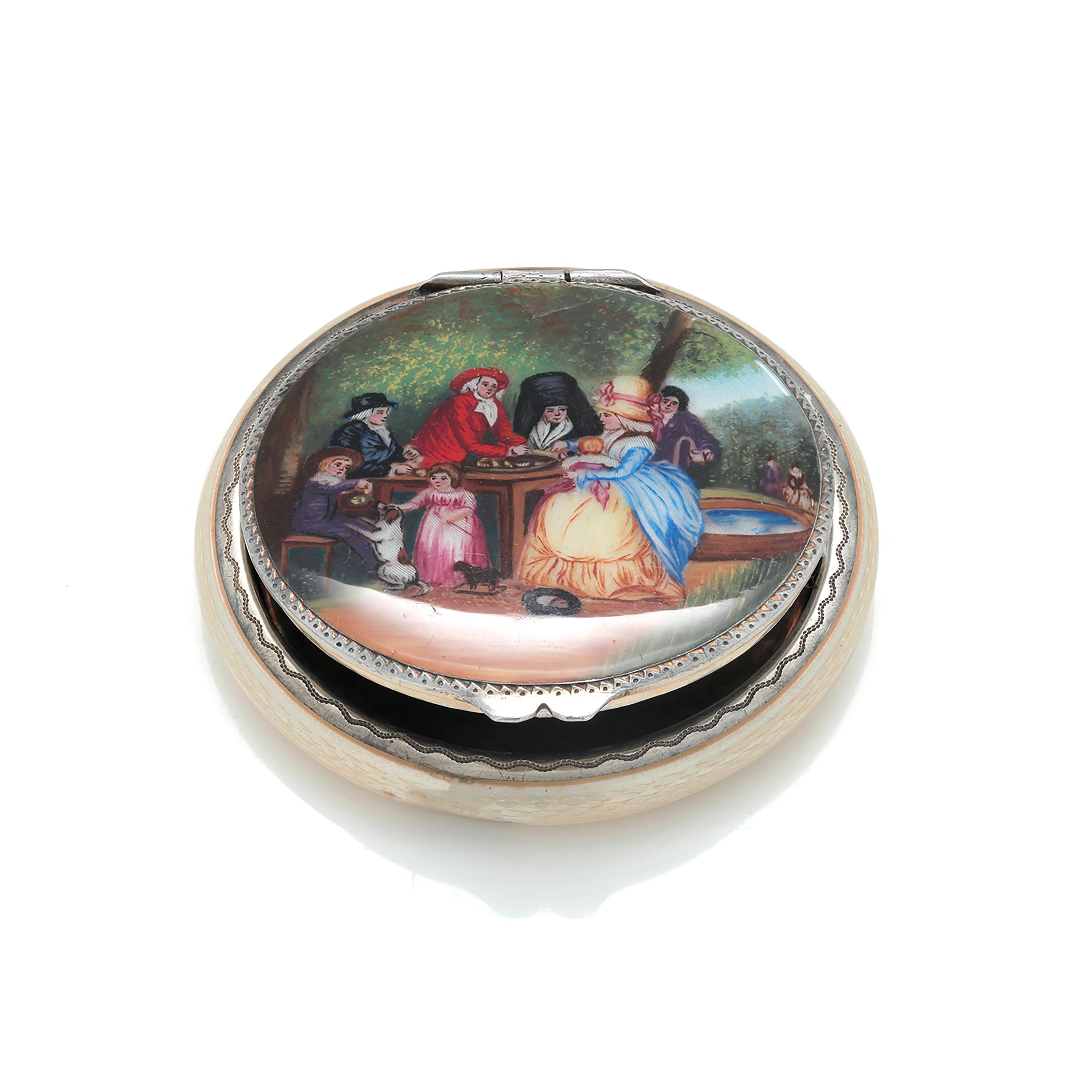 Sterling silver and enameled antique compact. 
Guilloche and figural enamel decoration
Marked Sterling Germany with makers mark
Measuring 2 3/8