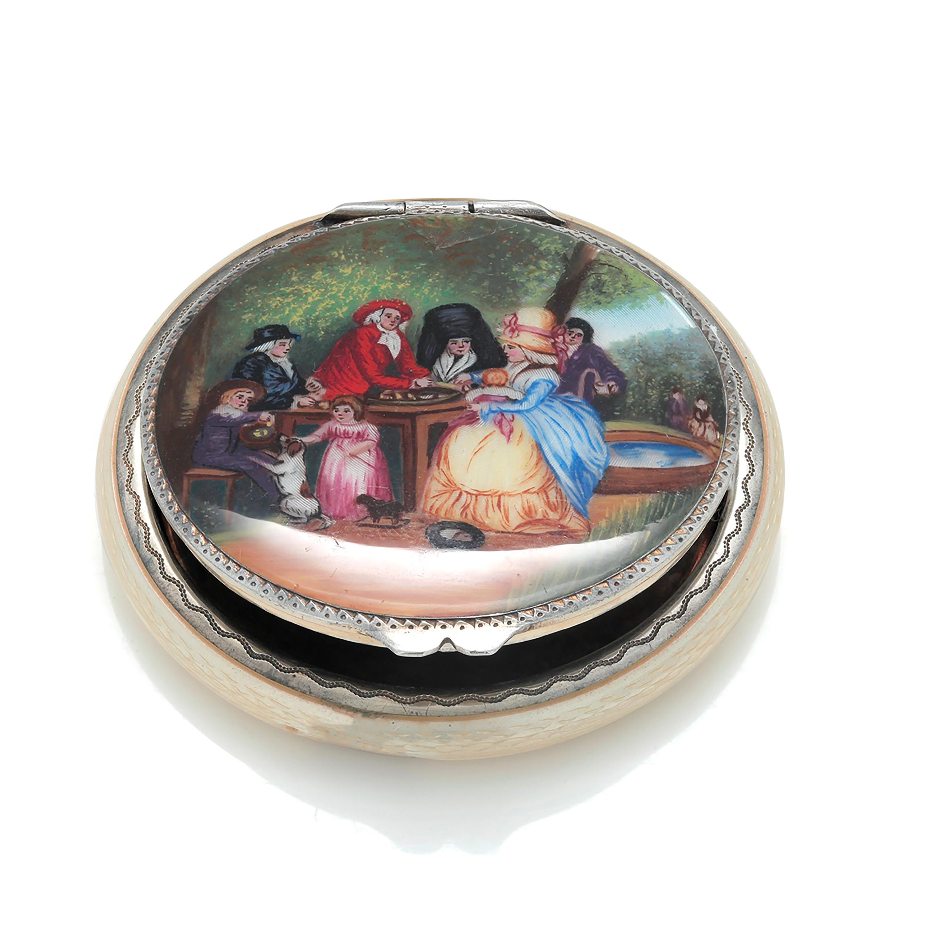 Antique Sterling Silver Guilloche and Figural Enamel Compact In Good Condition In New York, NY