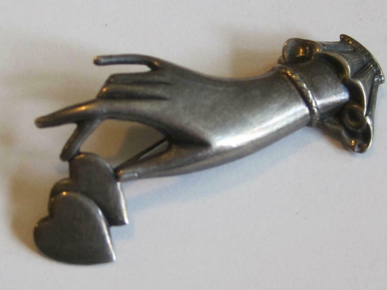 Arts and Crafts Antique Sterling Silver Hand and Hearts Brooch Pin