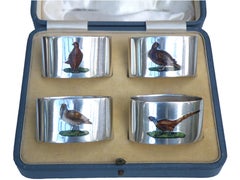 Antique English Sterling Silver - Set of 4 enamel Game Bird Napkin Rings Chester