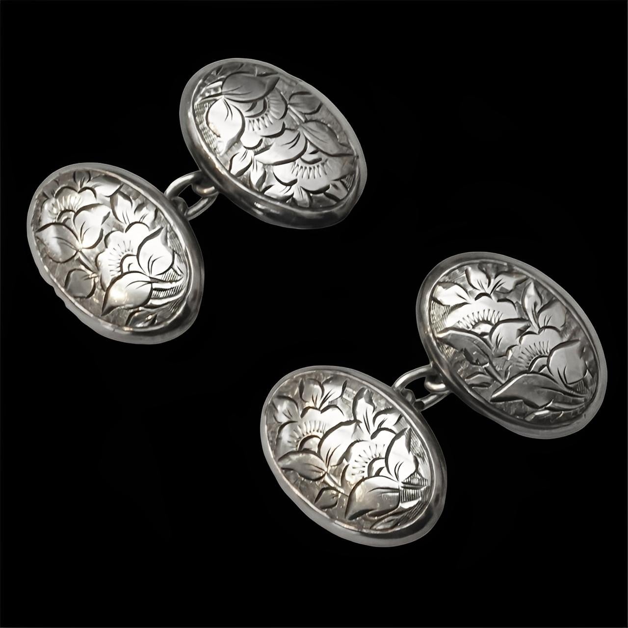 Gemelli antichi in argento Sterling incisi a mano a forma di fiore in vendita 3