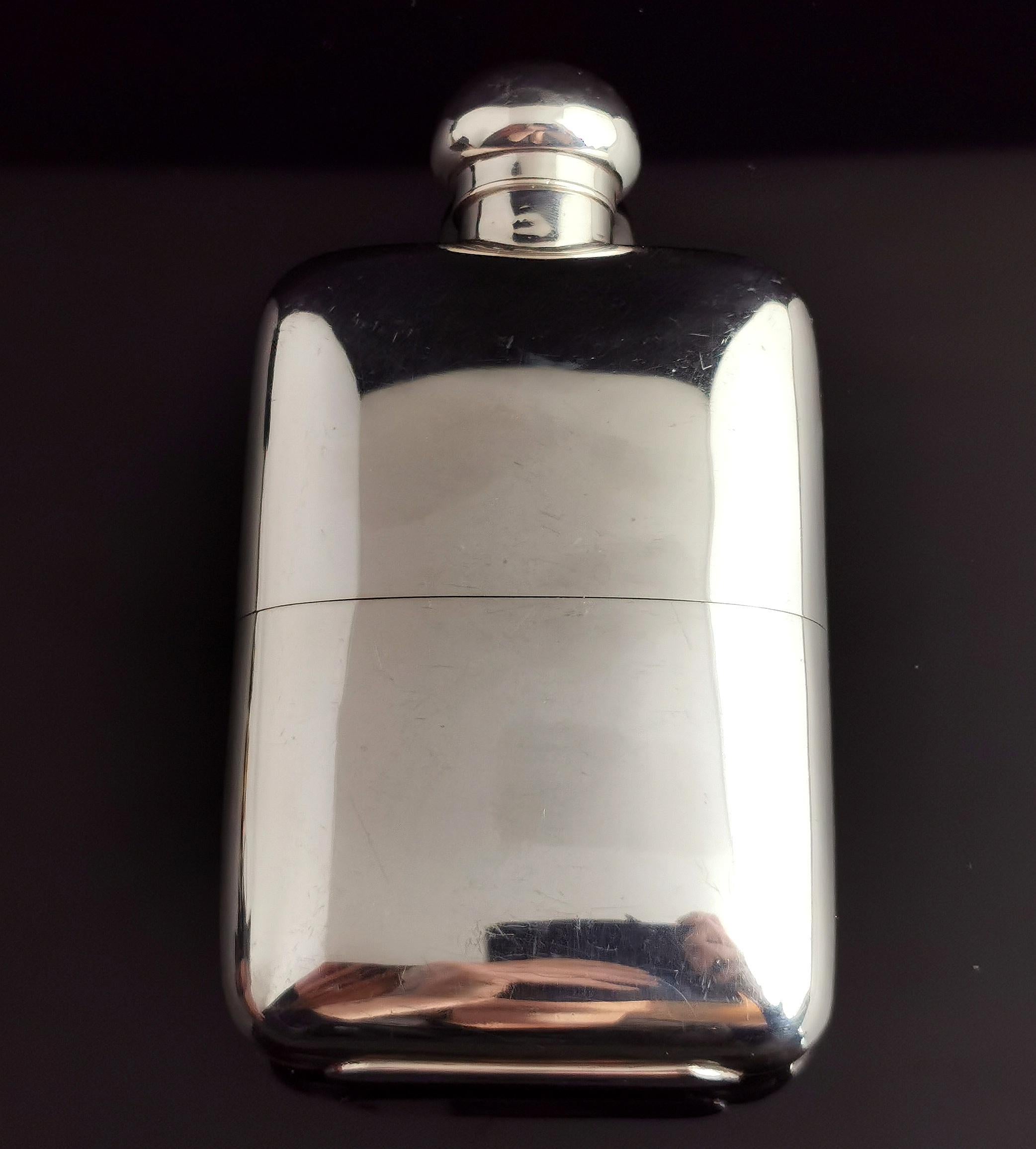 Antique Sterling Silver Hip Flask, Art Deco 7