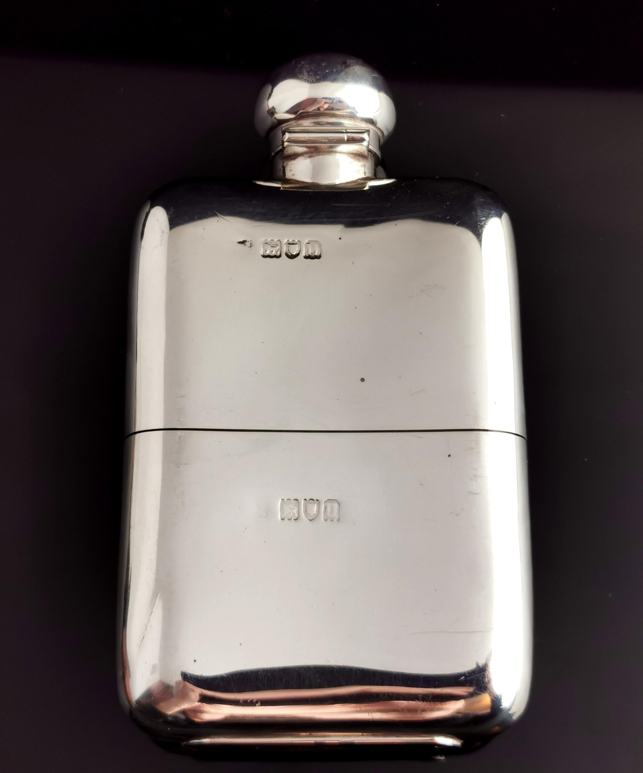 Antique Sterling Silver Hip Flask, Art Deco 13