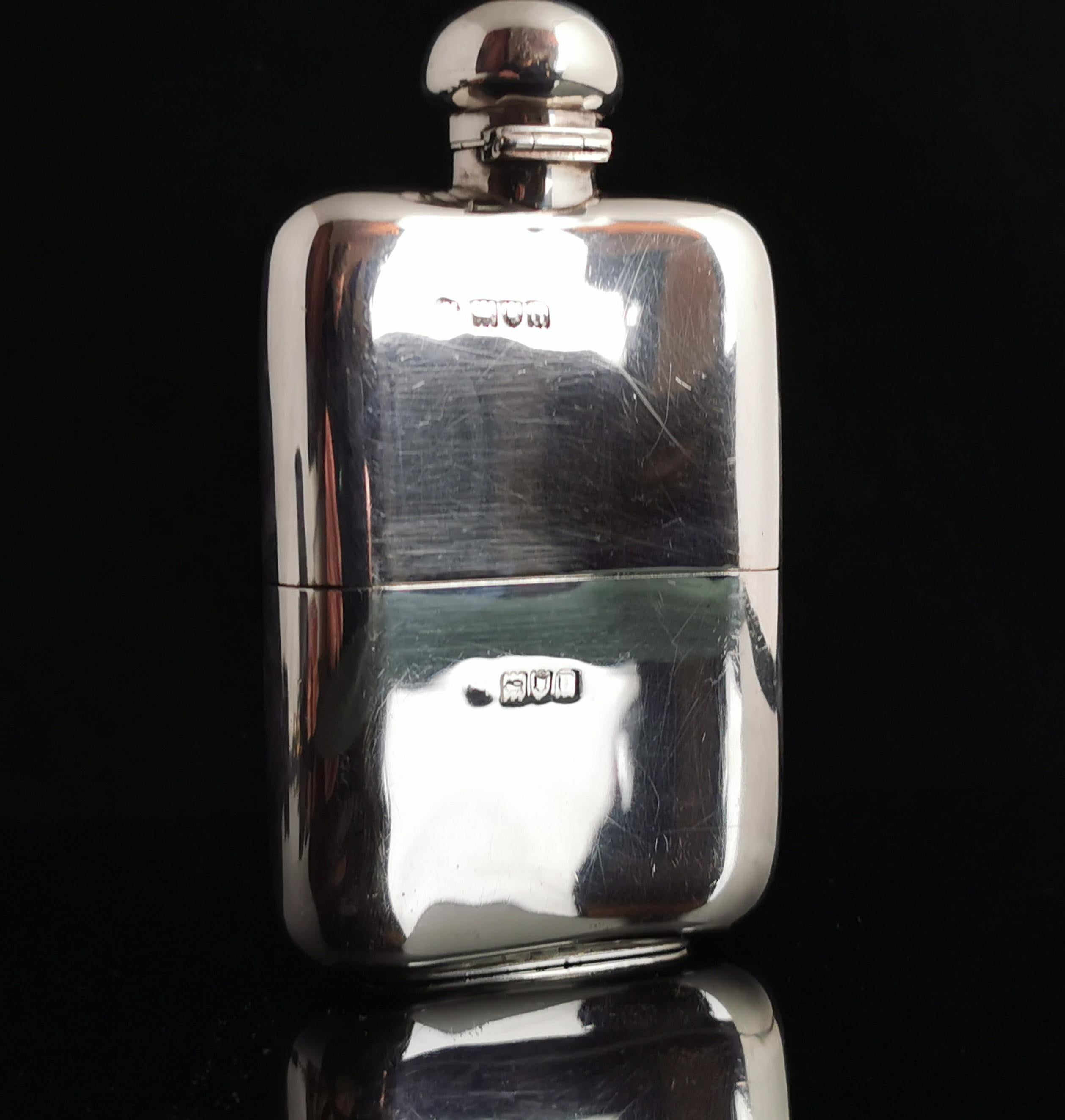 Women's or Men's Antique Sterling Silver Hip Flask, Art Deco