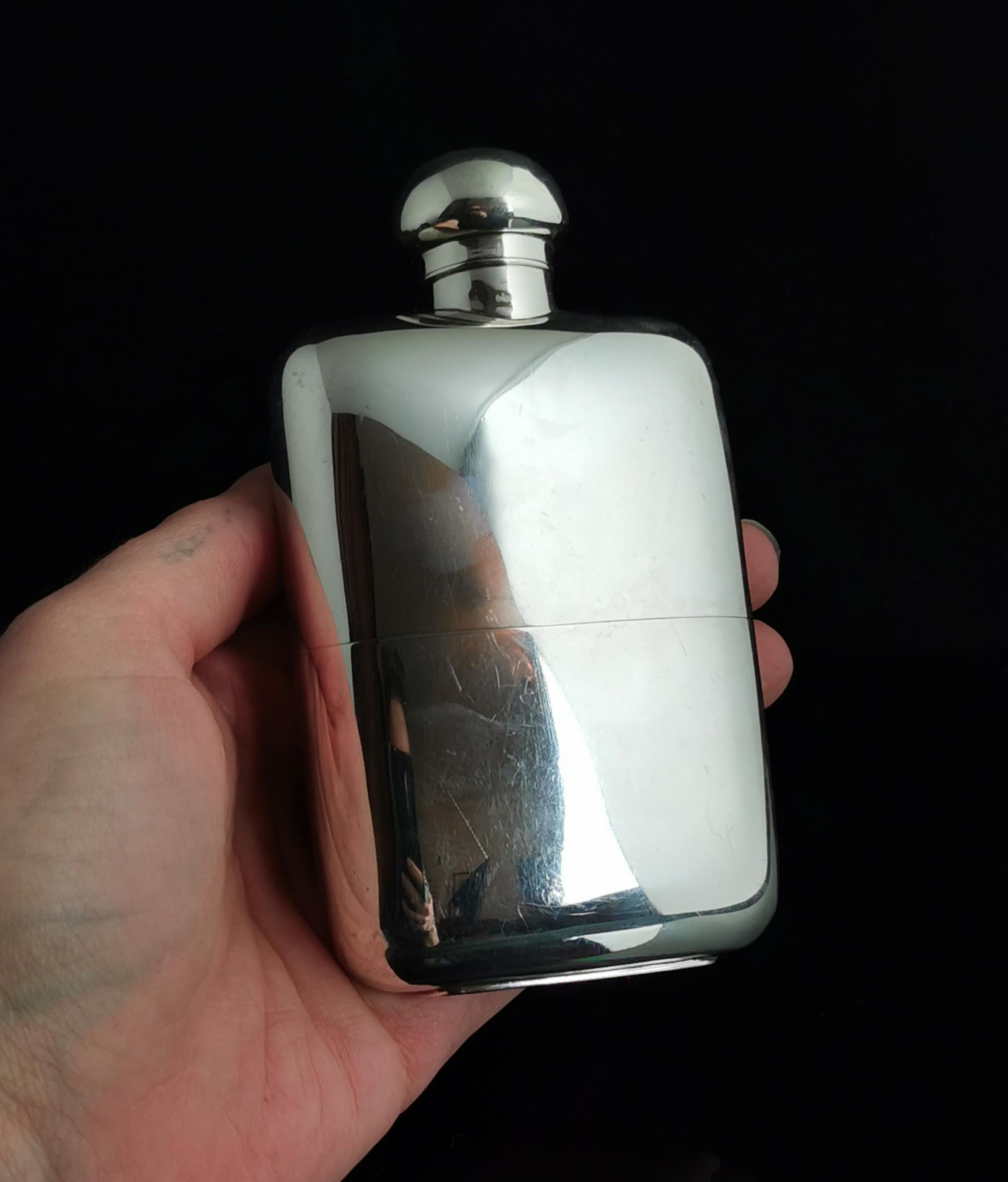 Antique Sterling Silver Hip Flask, Art Deco 2