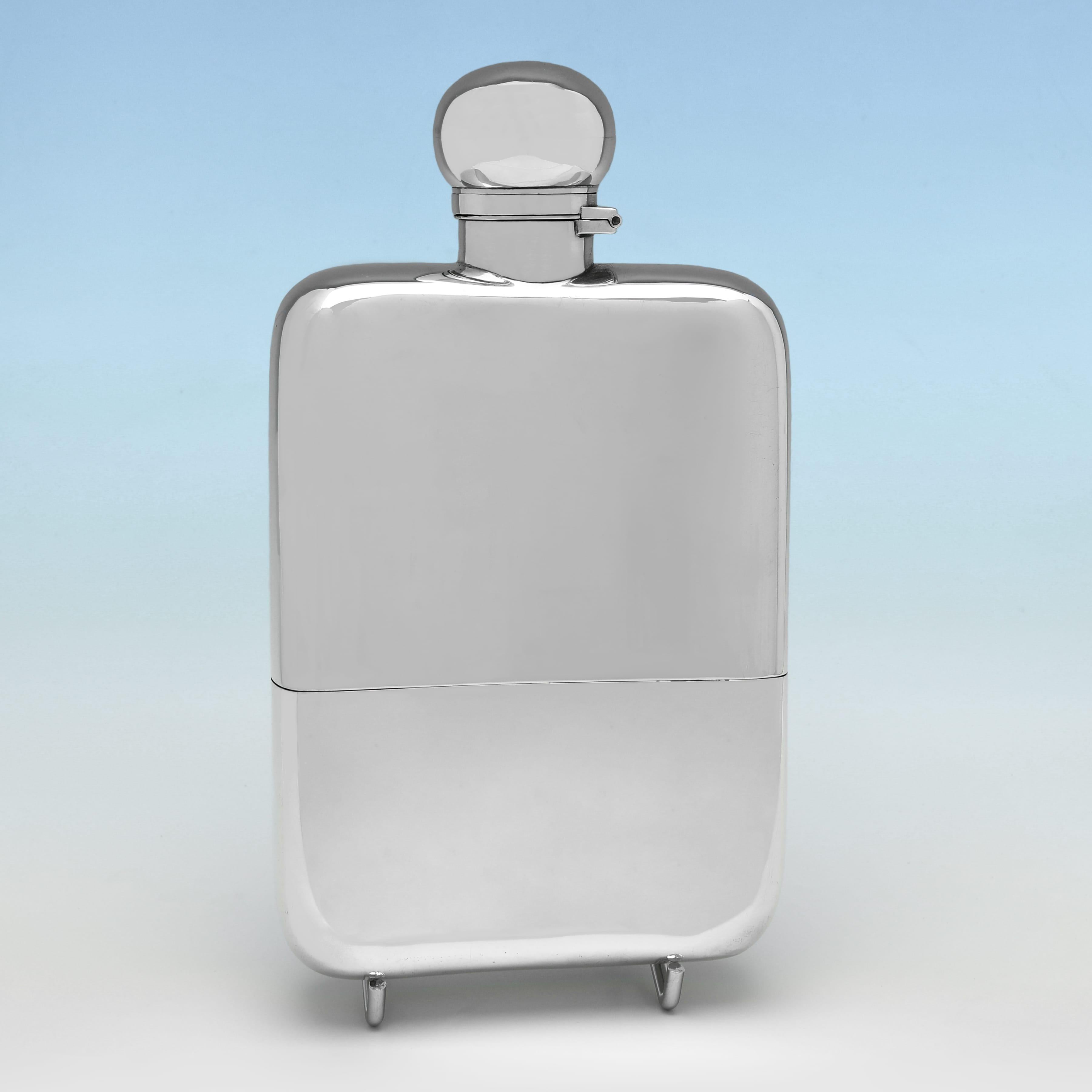 Hallmarked in London in 1916 by Mappin & Webb, this handsome, Antique, George V period, Sterling Silver Hip Flask, is plain in design, with a removable cup and a bayonet cap. The hip flask measures 6.5