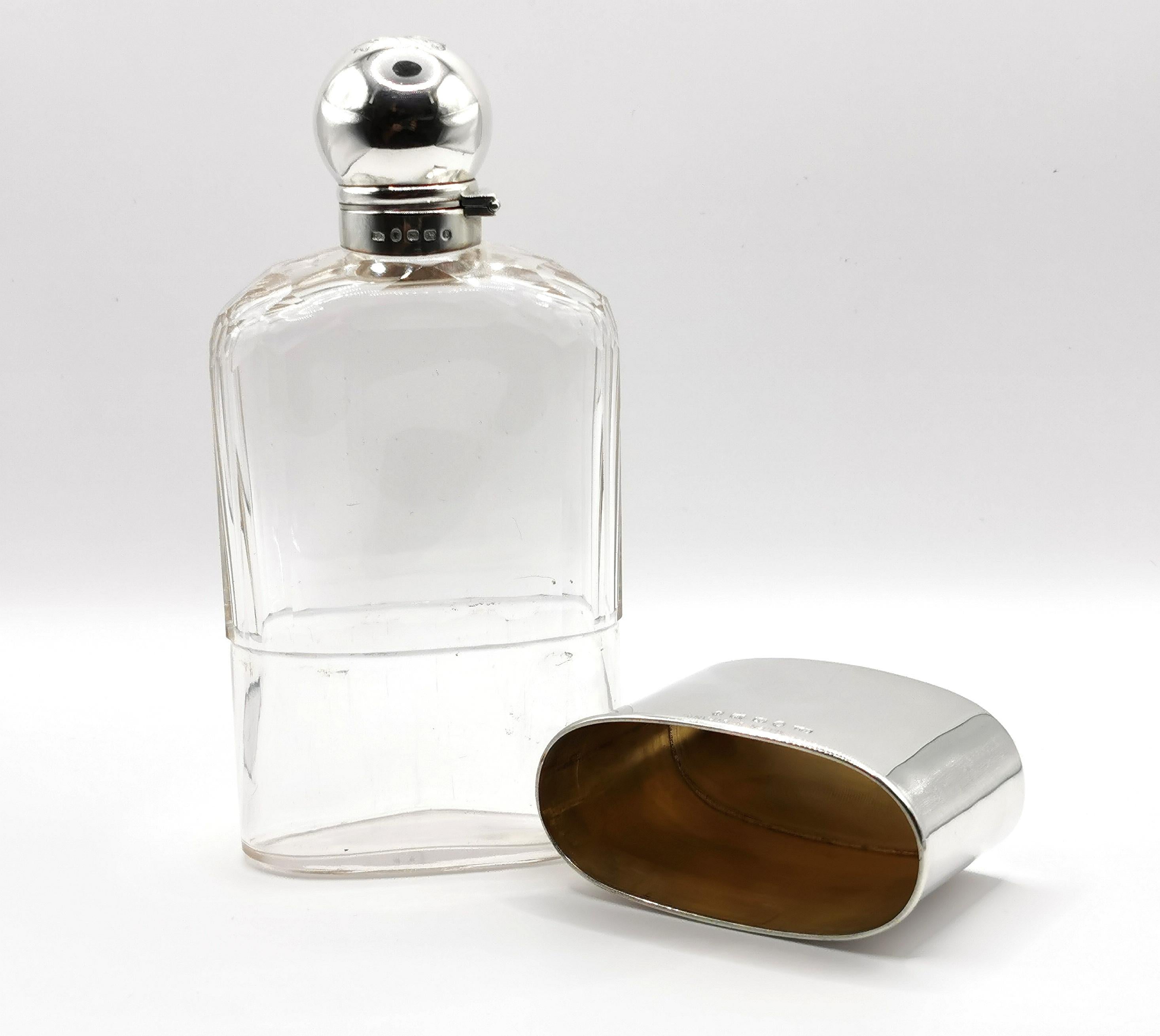 Antique Sterling Silver Hip Flask, Victorian, Glass 5