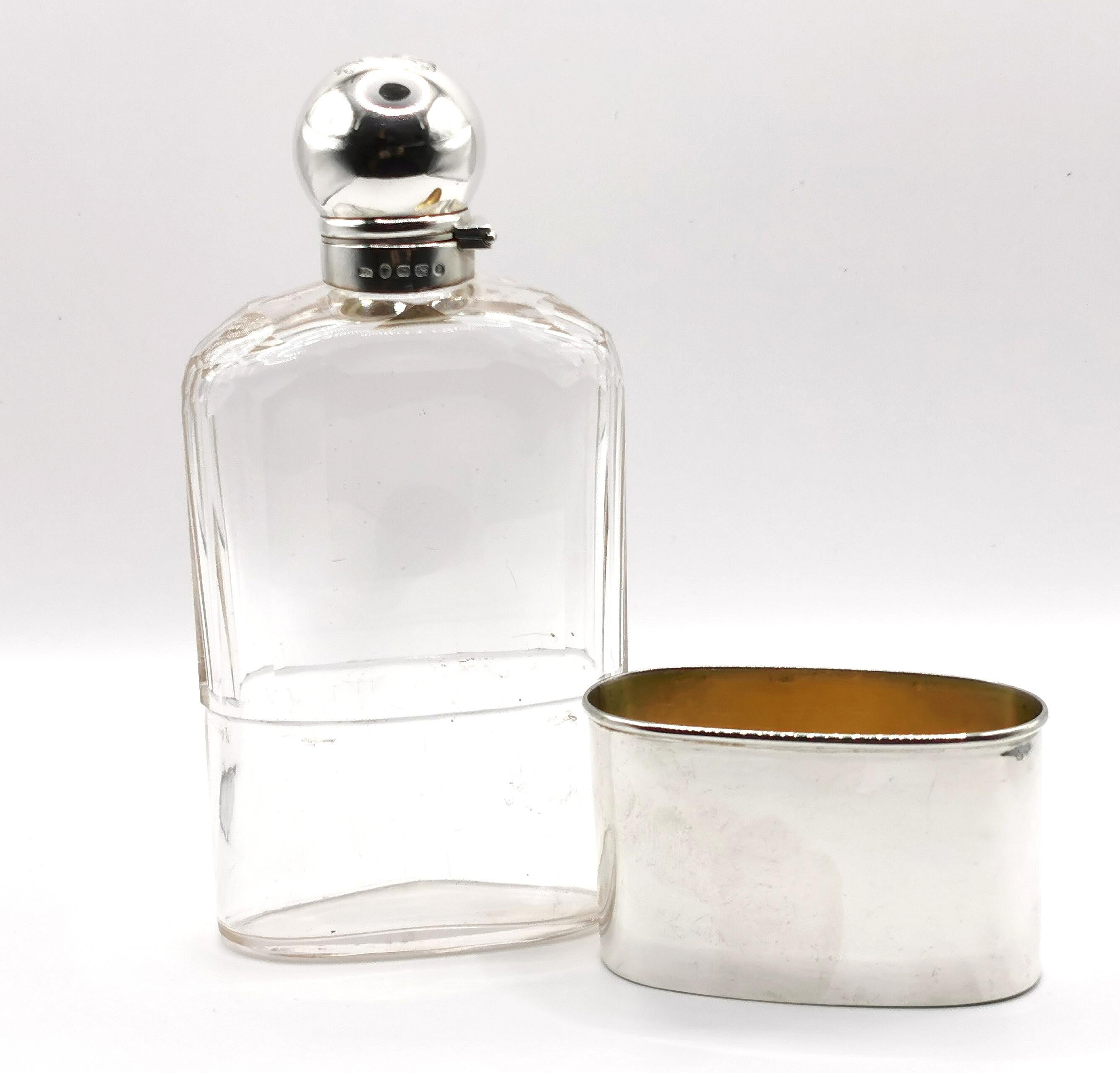 Antique Sterling Silver Hip Flask, Victorian, Glass 7