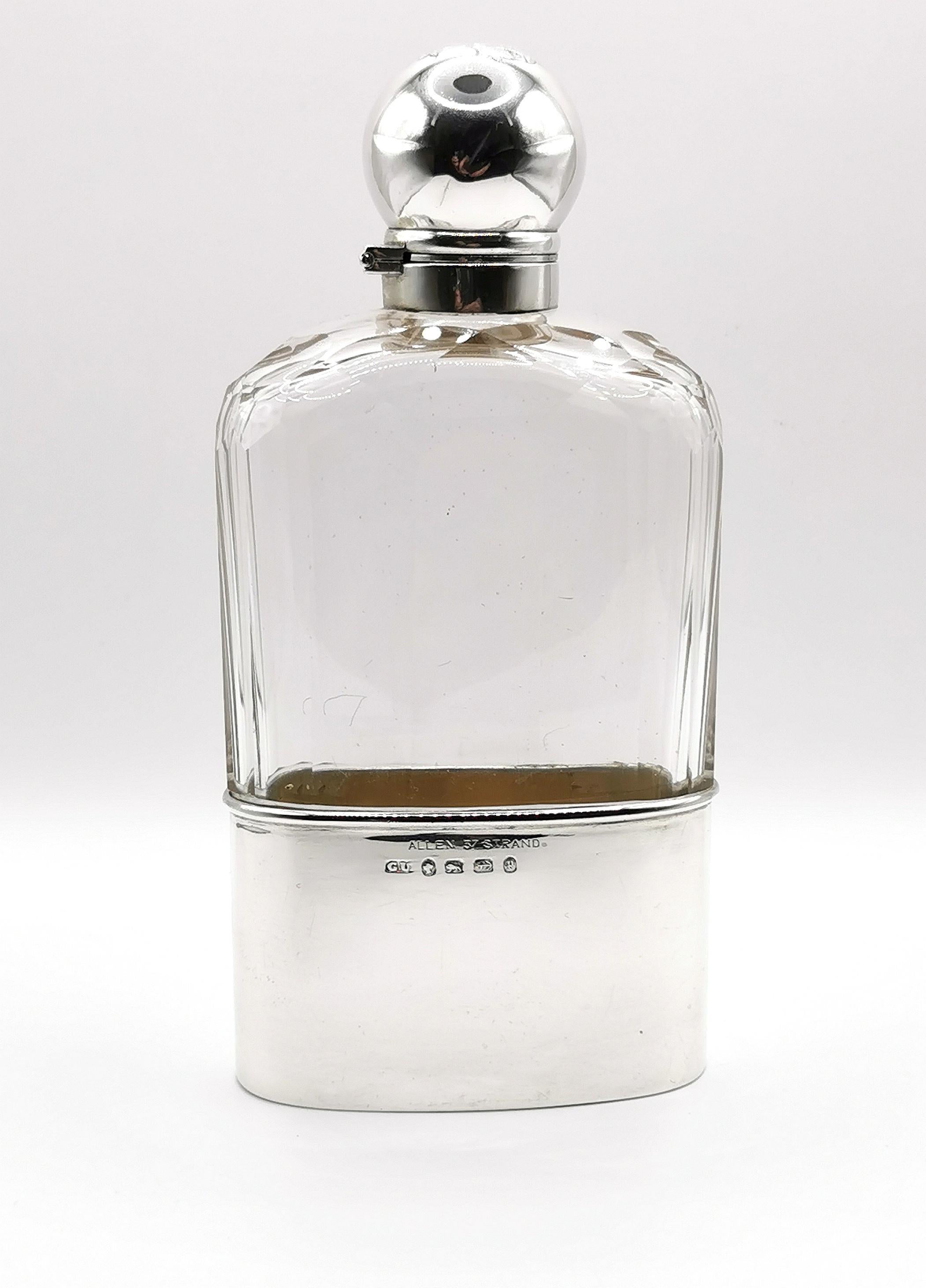 British Antique Sterling Silver Hip Flask, Victorian, Glass