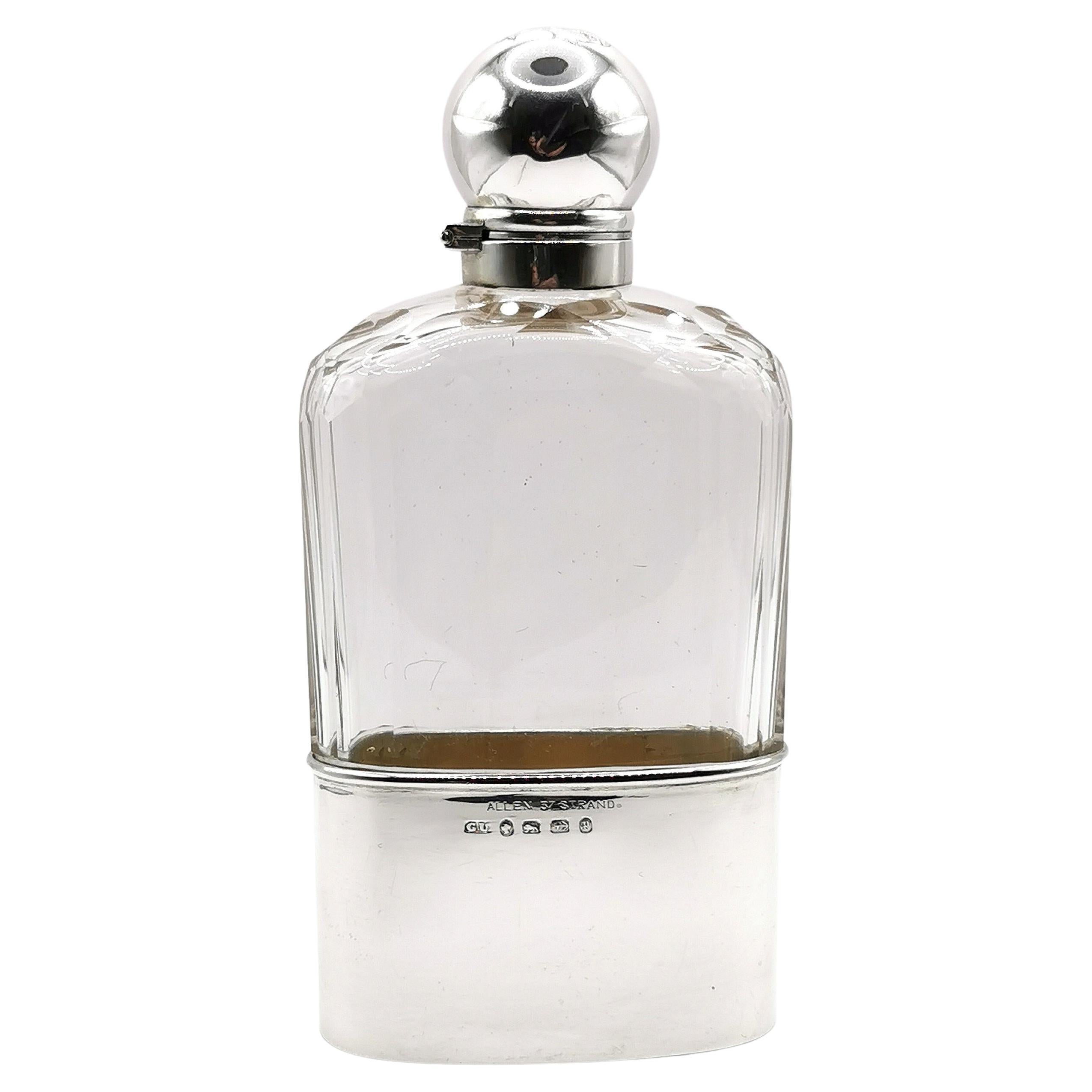 Antique Sterling Silver Hip Flask, Victorian, Glass