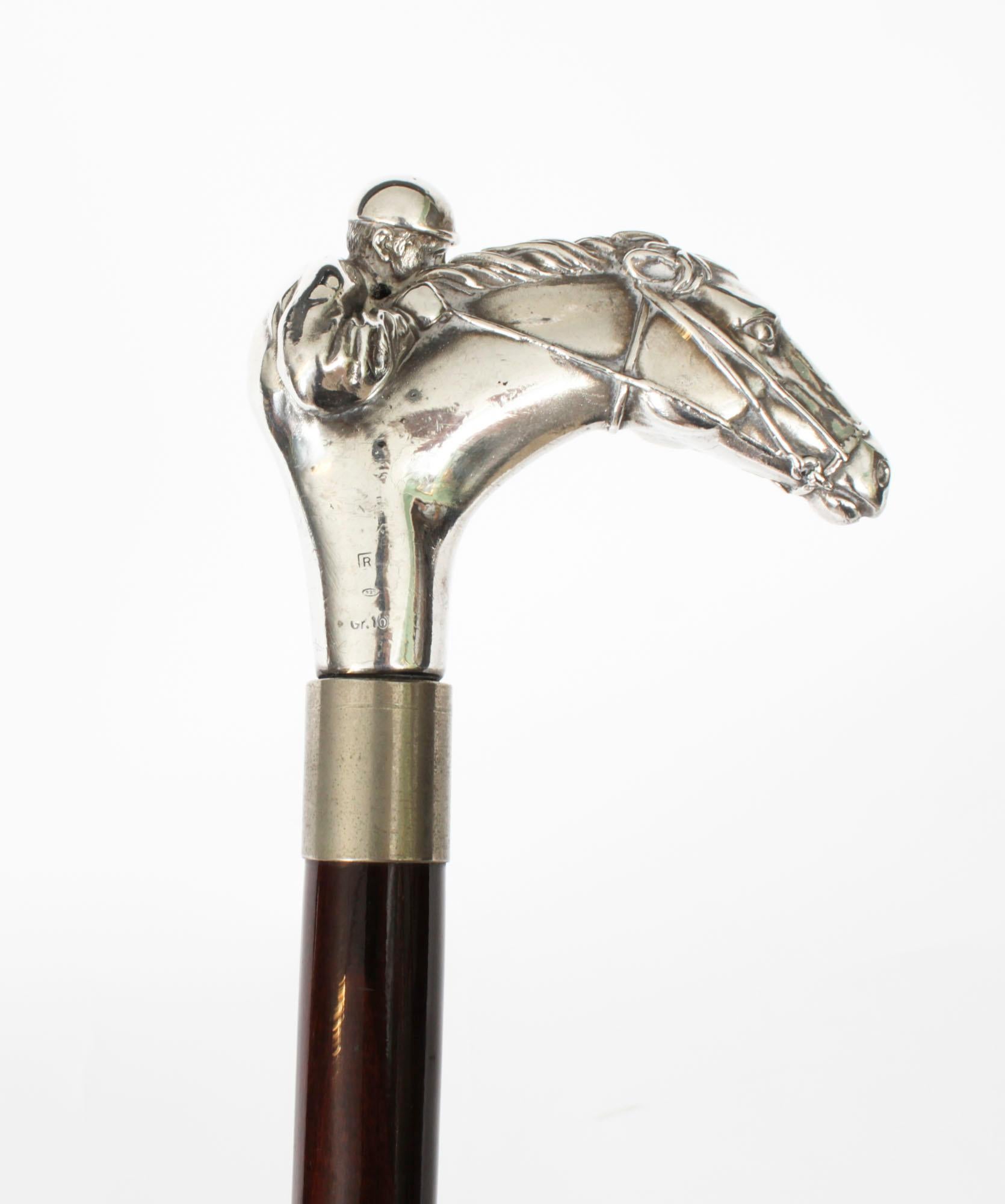 Antique Sterling Silver Horse & Jockey Walking Cane Stick 19th Century 6