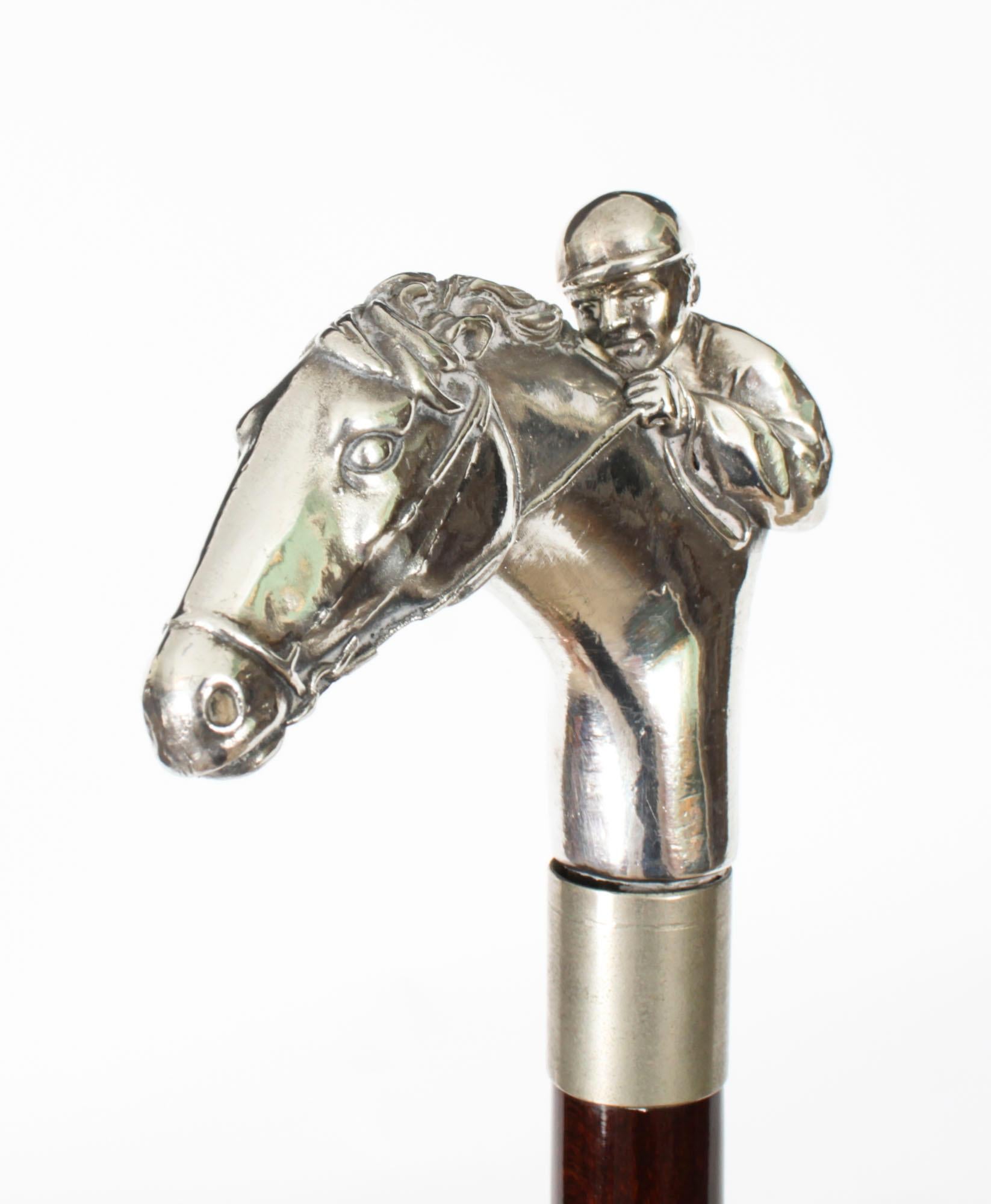 French Antique Sterling Silver Horse & Jockey Walking Cane Stick 19th Century
