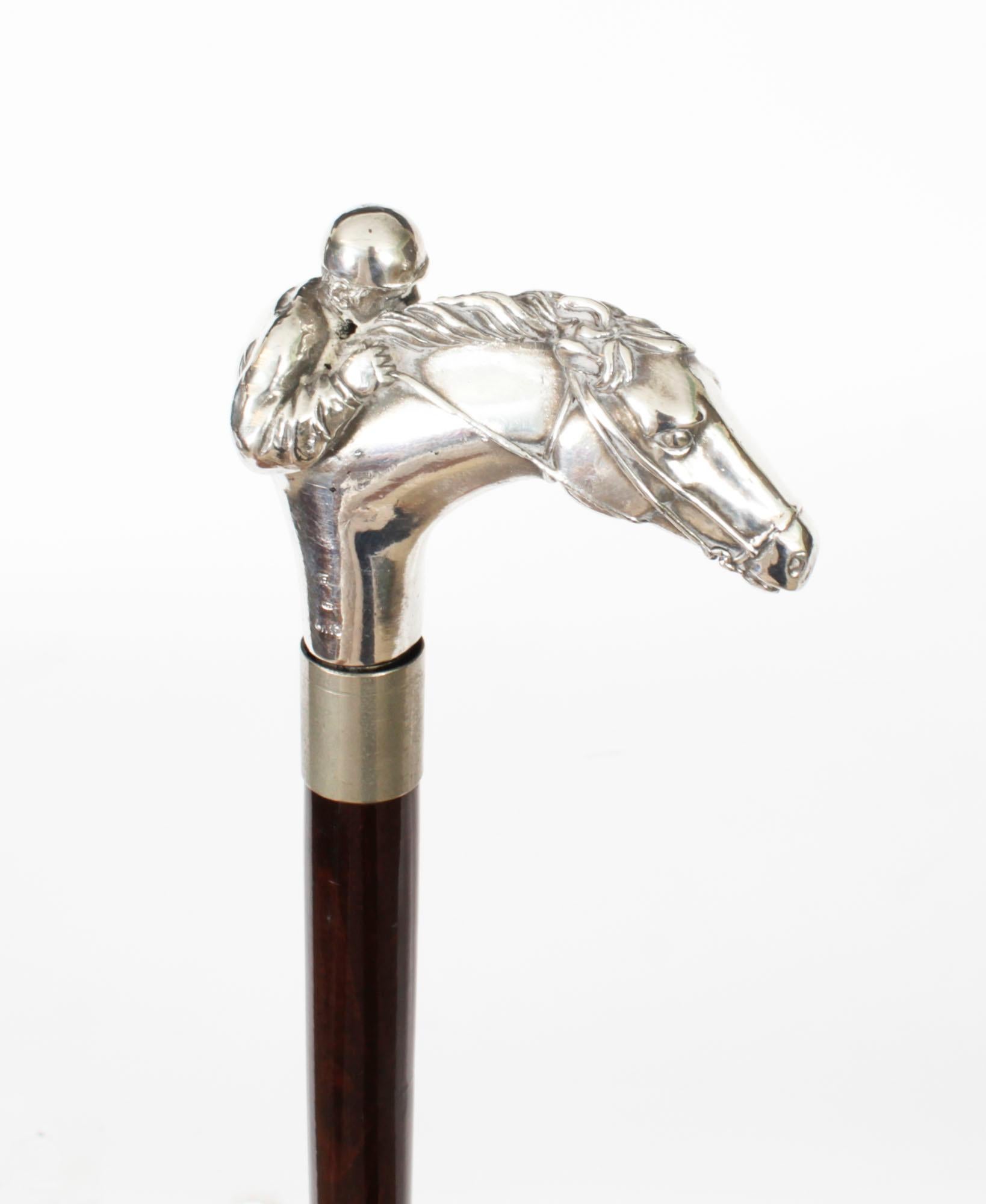 Late 19th Century Antique Sterling Silver Horse & Jockey Walking Cane Stick 19th Century