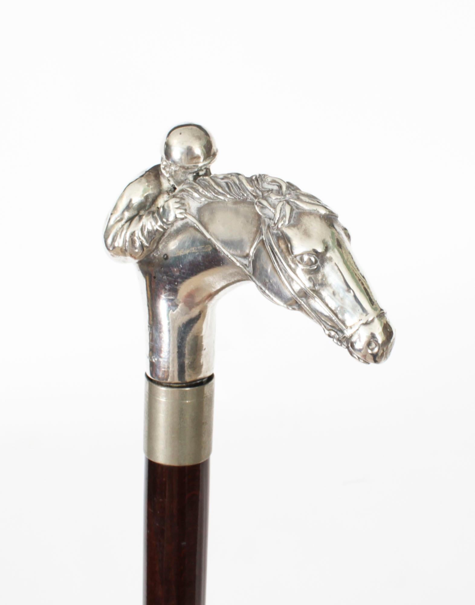 Antique Sterling Silver Horse & Jockey Walking Cane Stick 19th Century 1