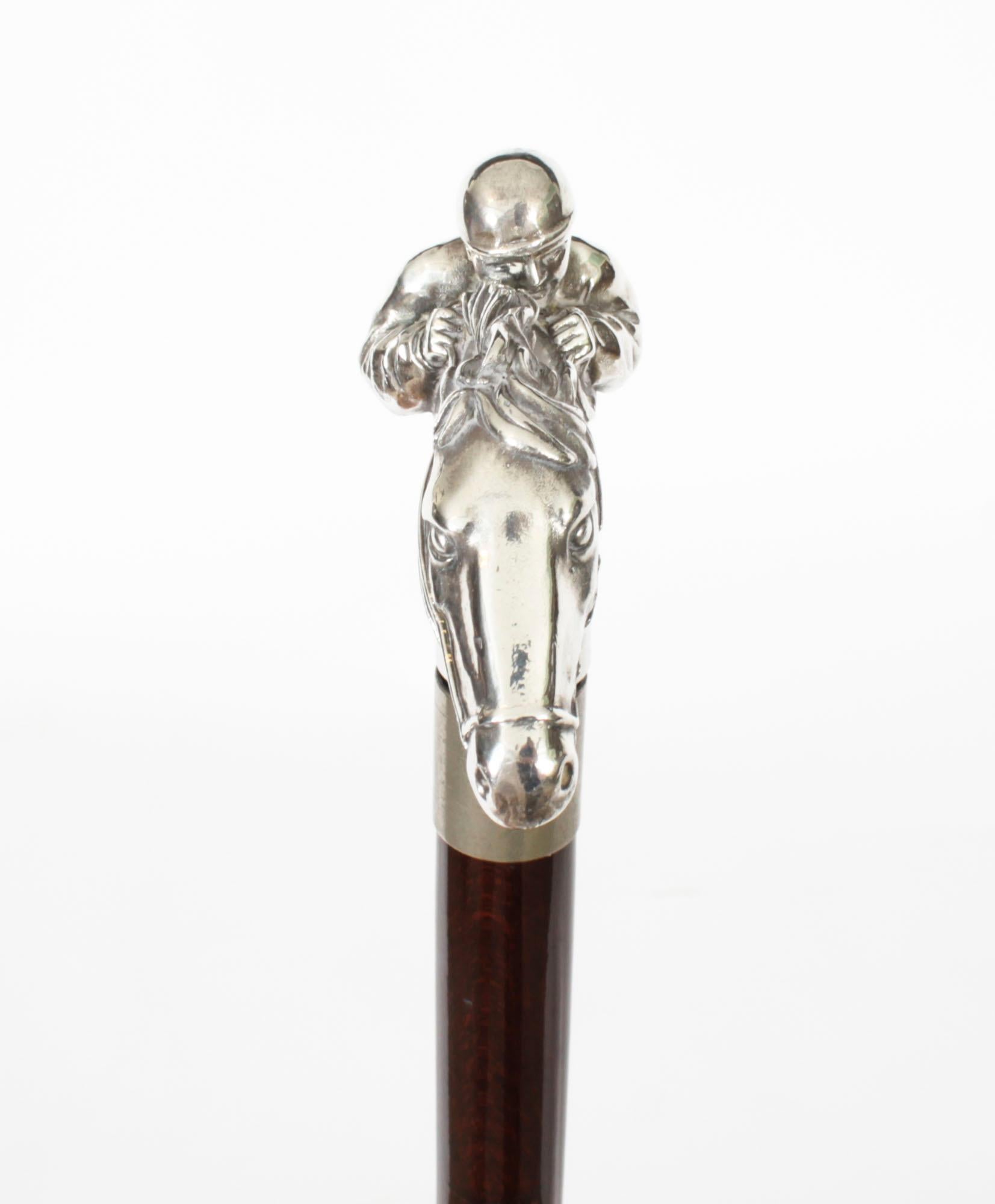 Antique Sterling Silver Horse & Jockey Walking Cane Stick 19th Century 2