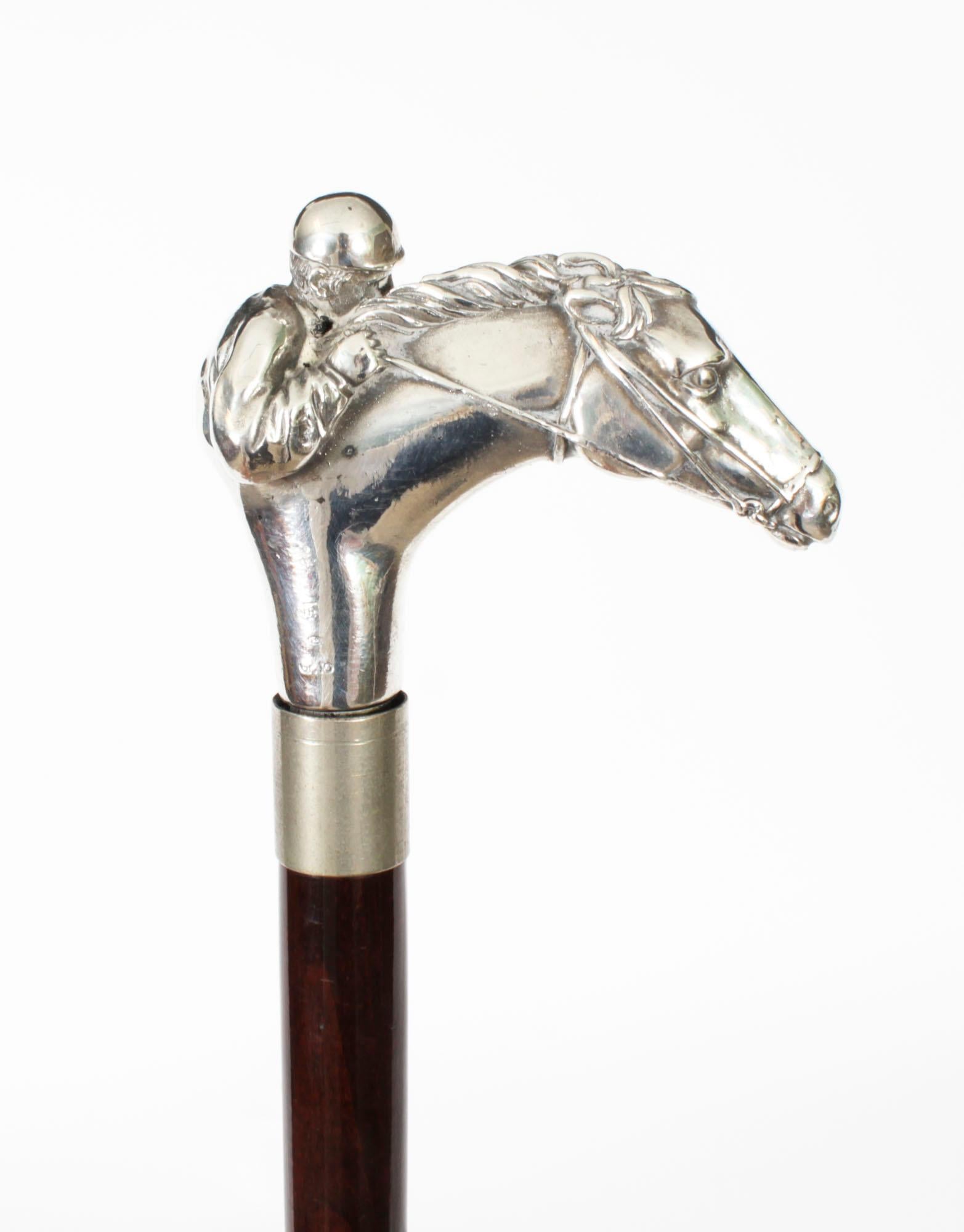 Antique Sterling Silver Horse & Jockey Walking Cane Stick 19th Century 3