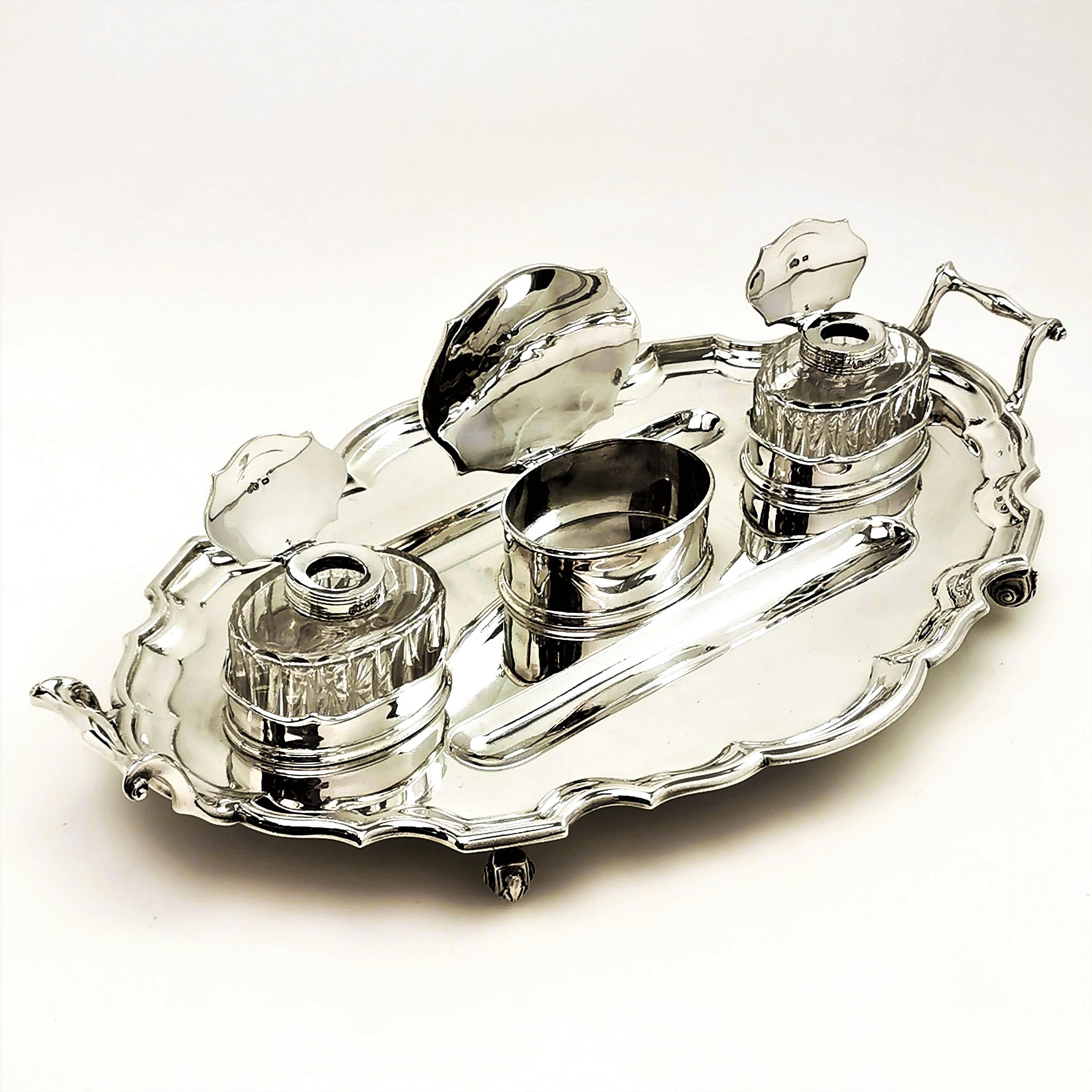 Antique Sterling Silver Inkstand Inkwell 1910 Large Desk Set Pen Tray In Good Condition For Sale In London, GB