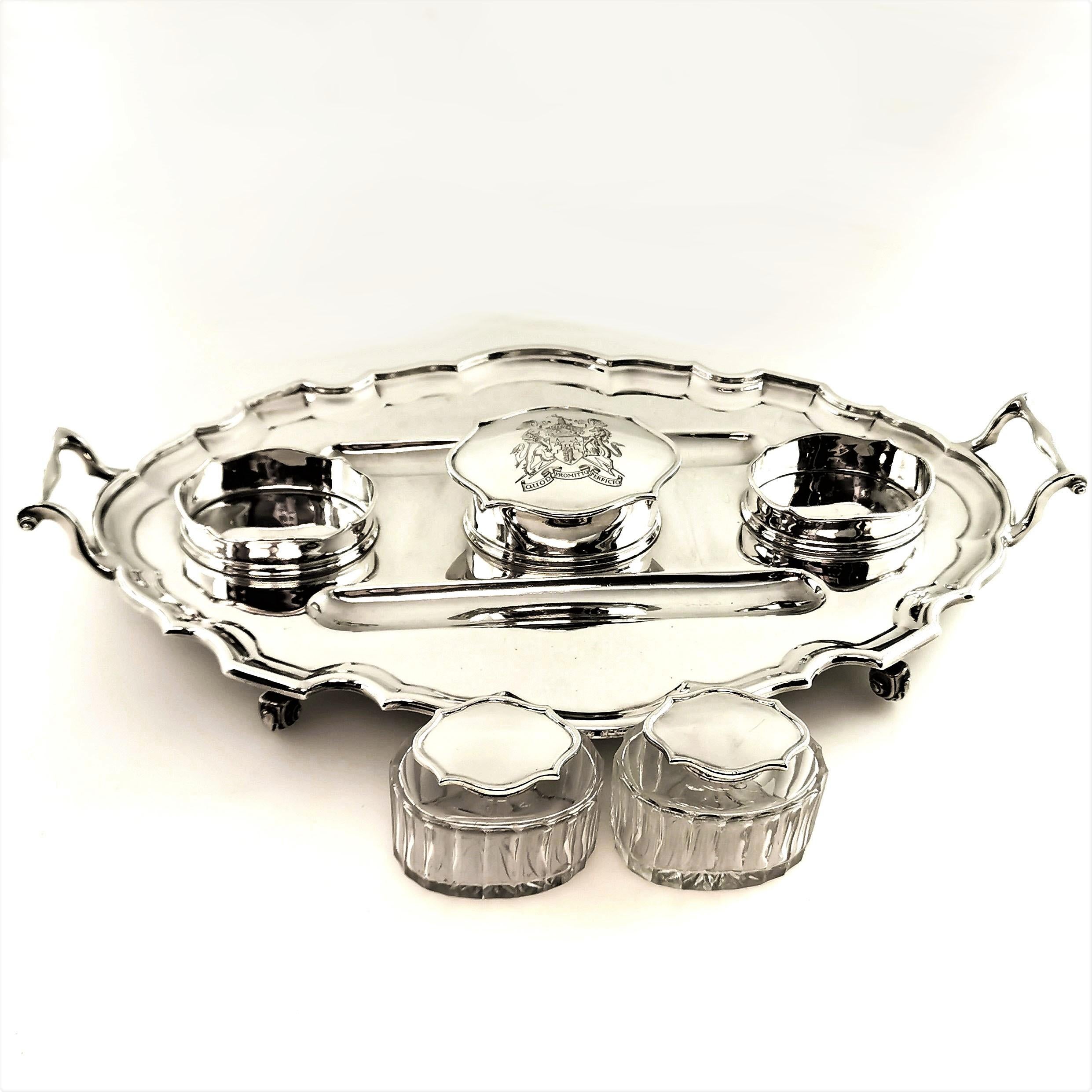 20th Century Antique Sterling Silver Inkstand Inkwell 1910 Large Desk Set Pen Tray For Sale