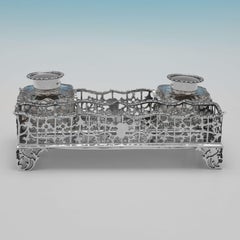 Antique Sterling Silver Inkstand, London 1901, Gallery Border