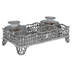 Antique Sterling Silver Inkstand, London 1901, Gallery Border