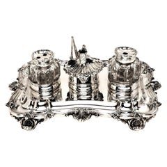 Antique Sterling Silver Inkstand with Glass Inkwells 1837 William IV