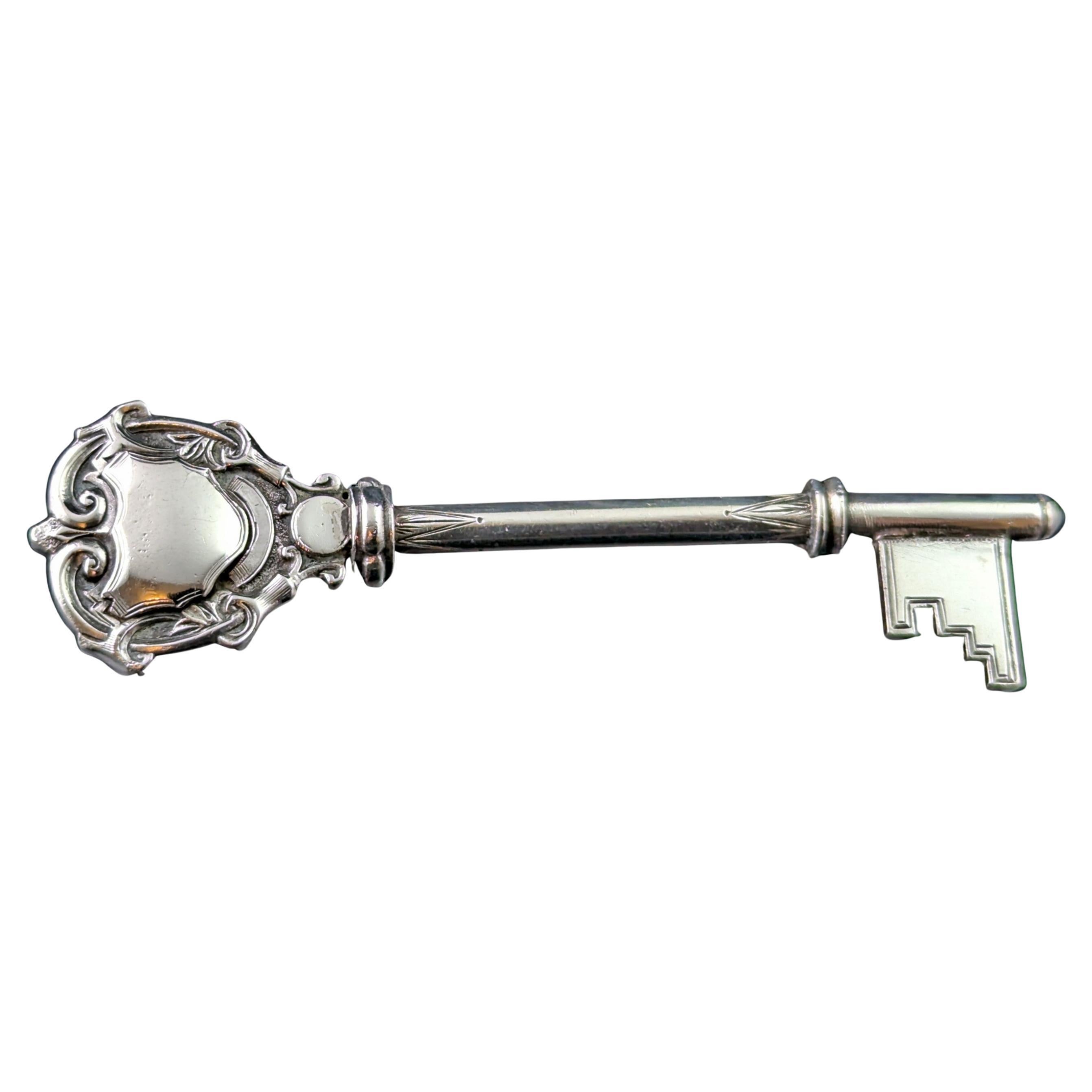 Antique sterling silver key brooch, presentation key
