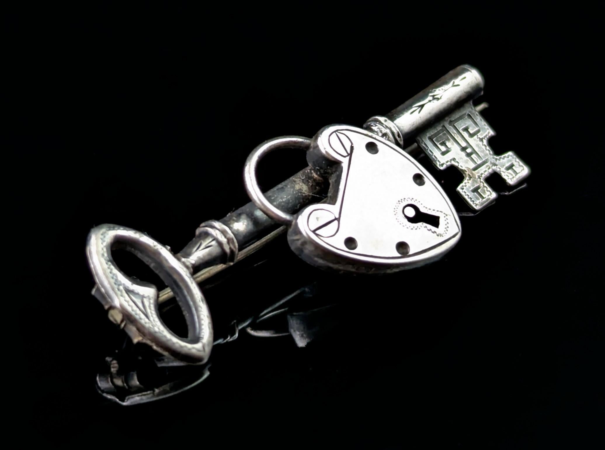 Édouardien Broche ancienne clé de mon cœur en argent sterling en vente