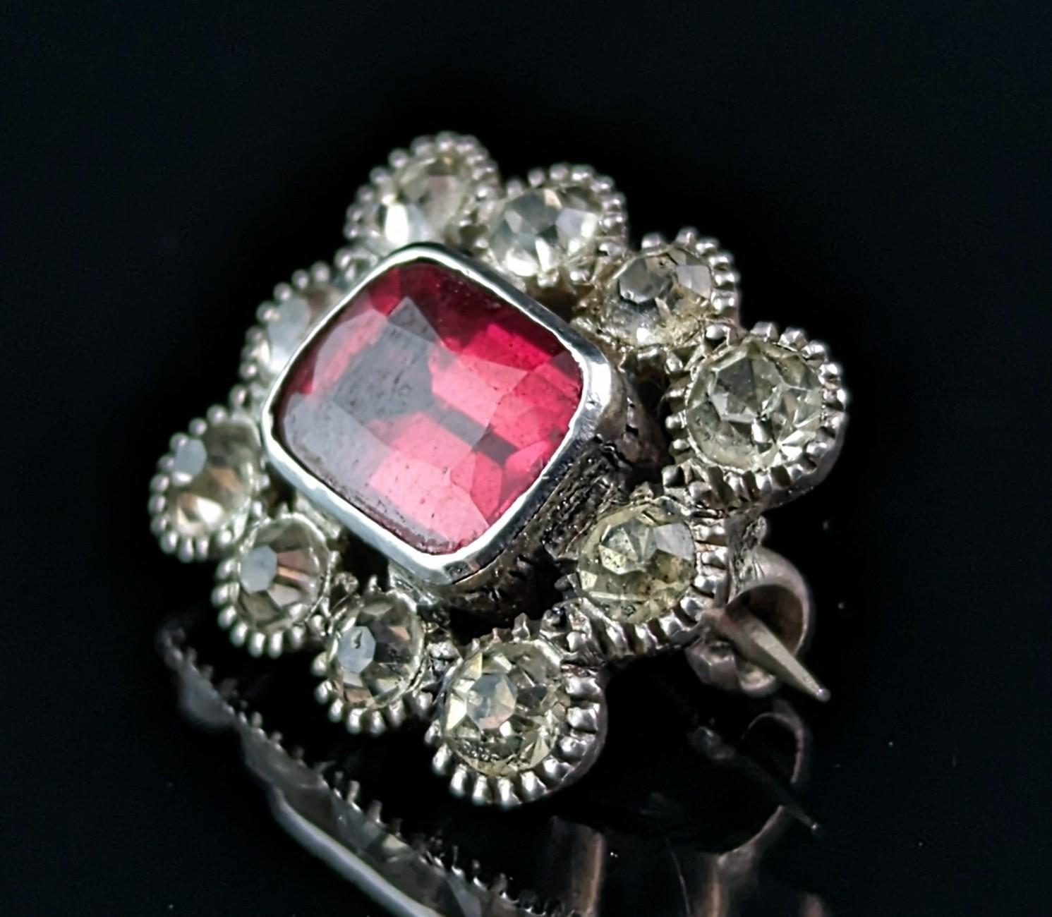 Women's or Men's Antique sterling silver lace pin, Red paste, Art Nouveau, brooch 