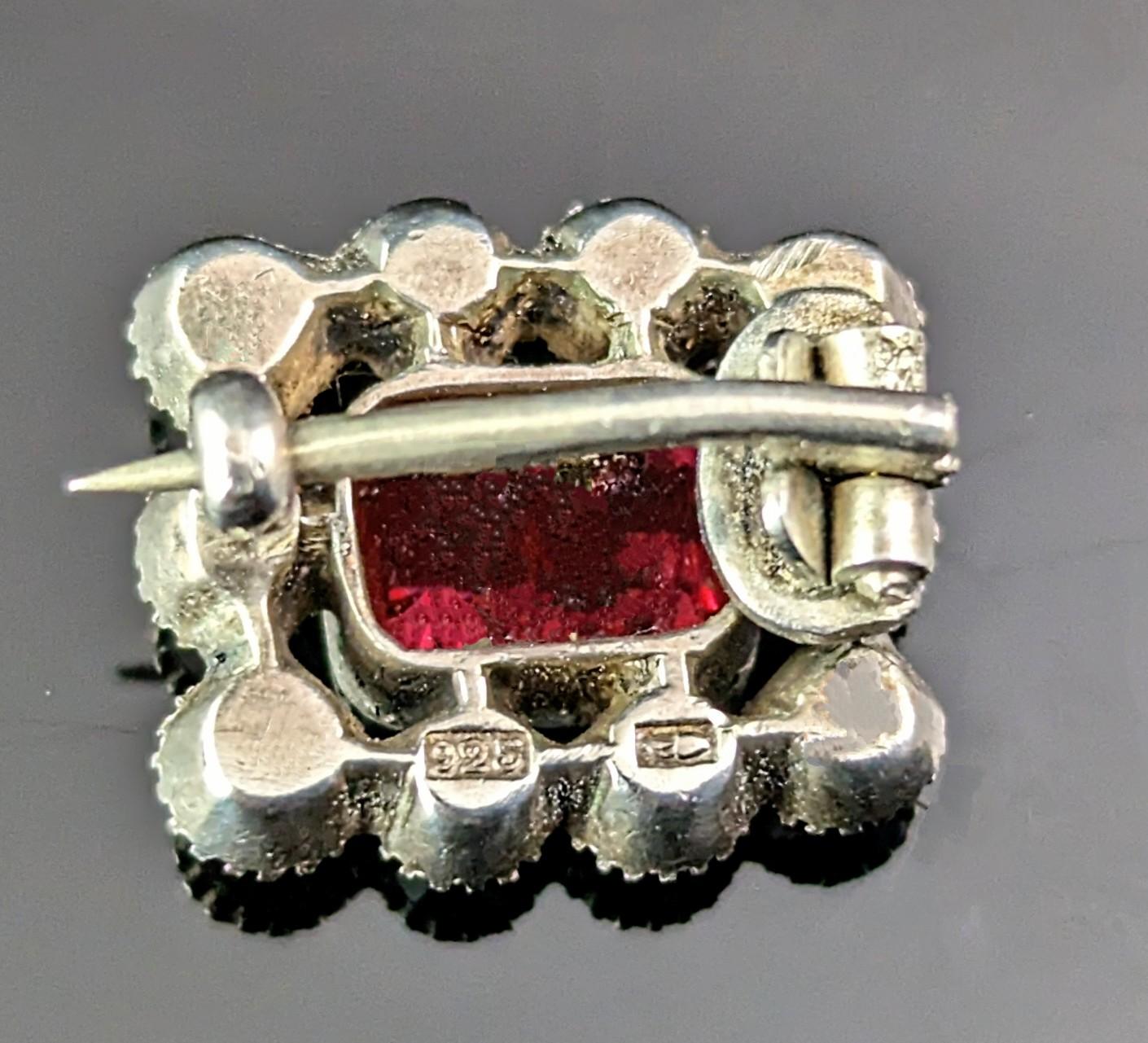 Antique sterling silver lace pin, Red paste, Art Nouveau, brooch  1