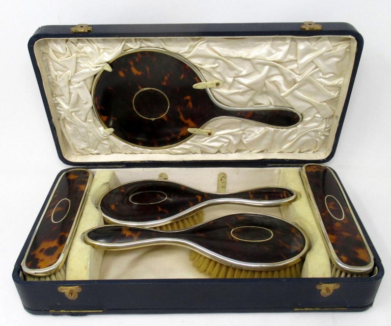 silver and tortoiseshell dressing table set Antique English 1902 Hallmarked Sterling Silver Dressing or Vanity Set   Antiques & Uncommon Treasure