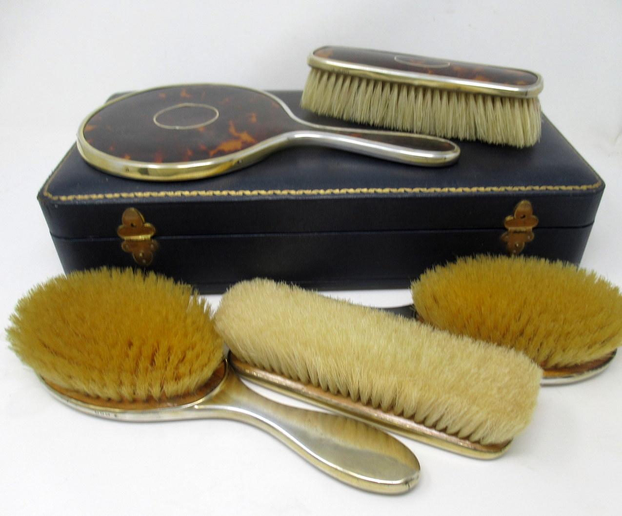Edwardian Antique Sterling Silver Lady's Vanity Dressing Table Set Hair Clothes Brushes For Sale