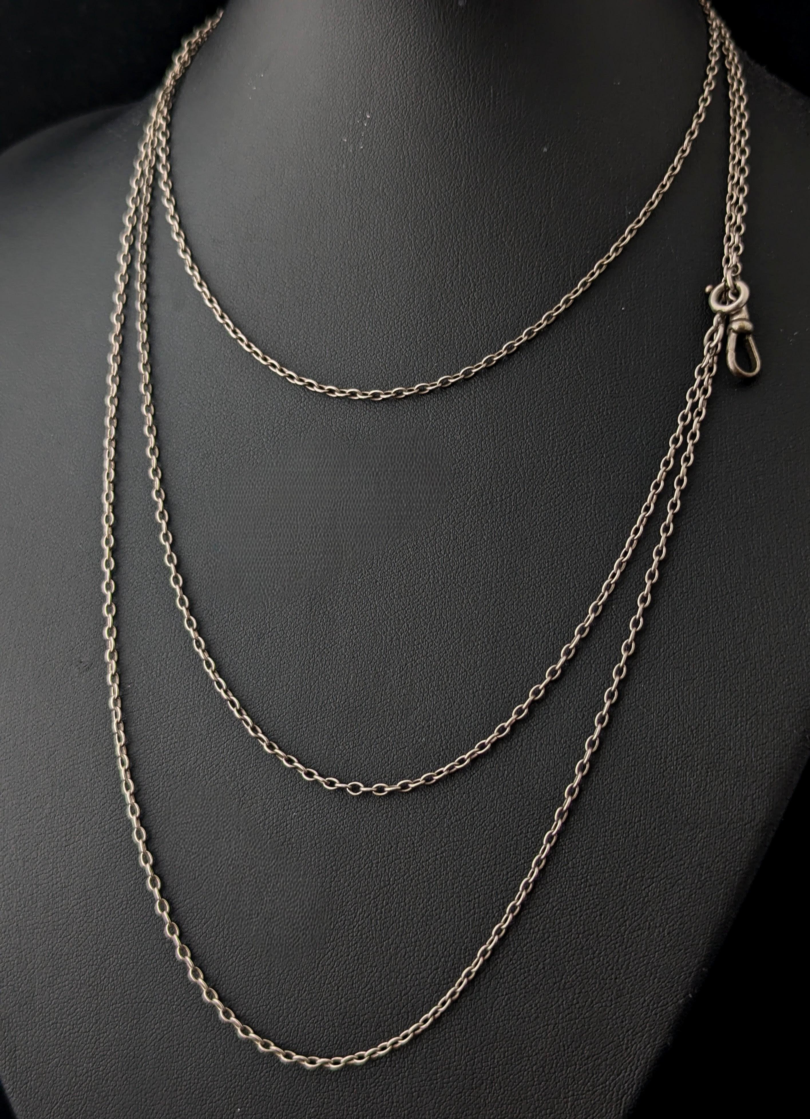 Collier ancien en argent sterling à longue chaîne, garde, chaîne à manchon en vente 7