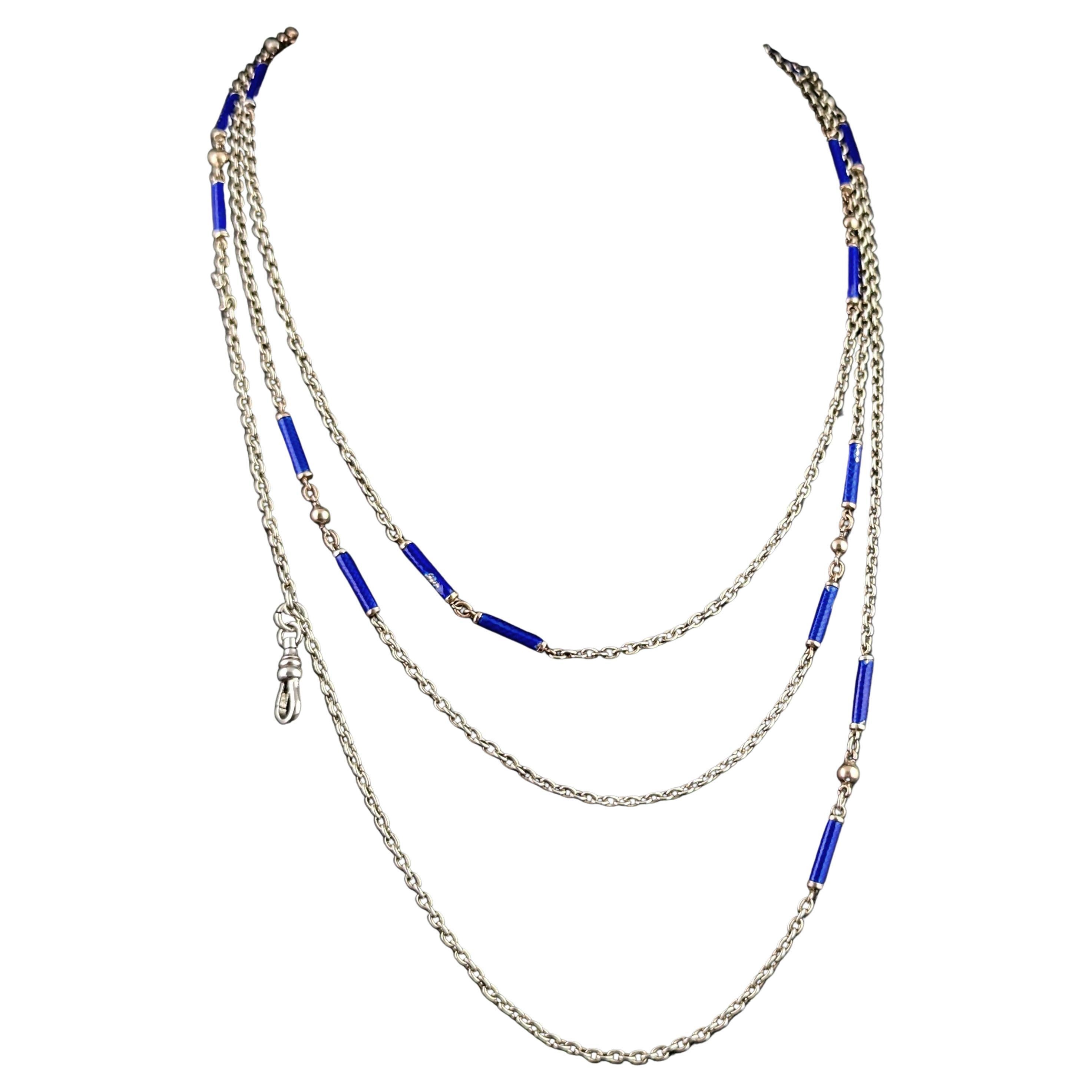 Antique Sterling silver longuard chain necklace, Blue enamel