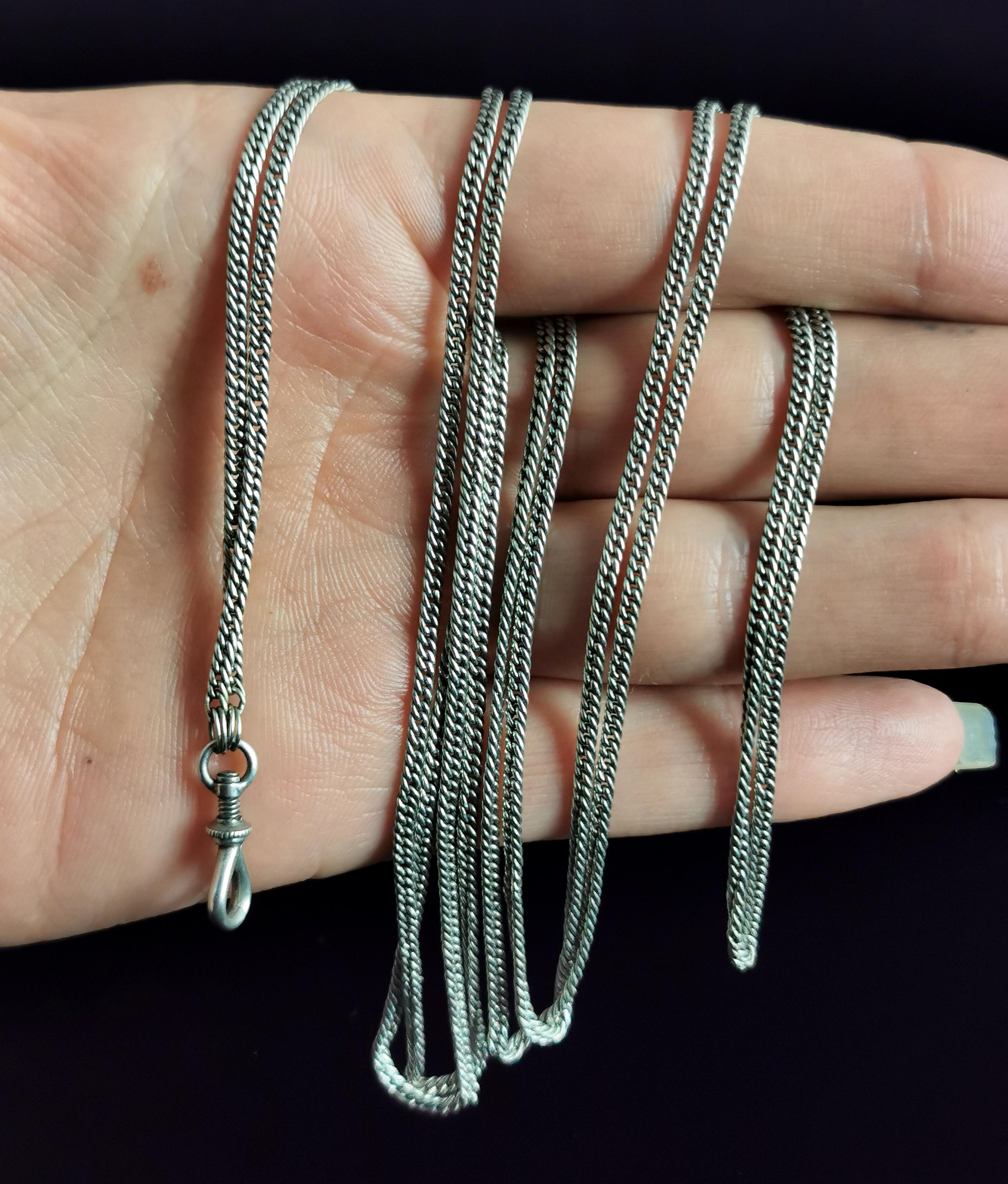 Antique Sterling Silver Longuard Chain Necklace, Muff Chain, Edwardian 1