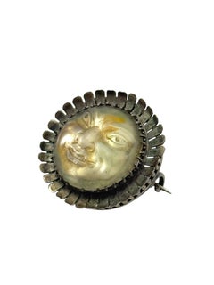 Antique Sterling Silver Man in the Moon Brooch with Carved Moonstone Face