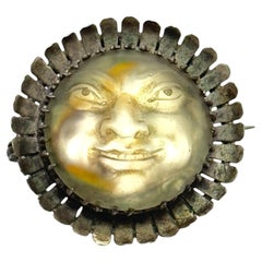 Antique Sterling Silver Man in the Moon Brooch with Carved Moonstone Face
