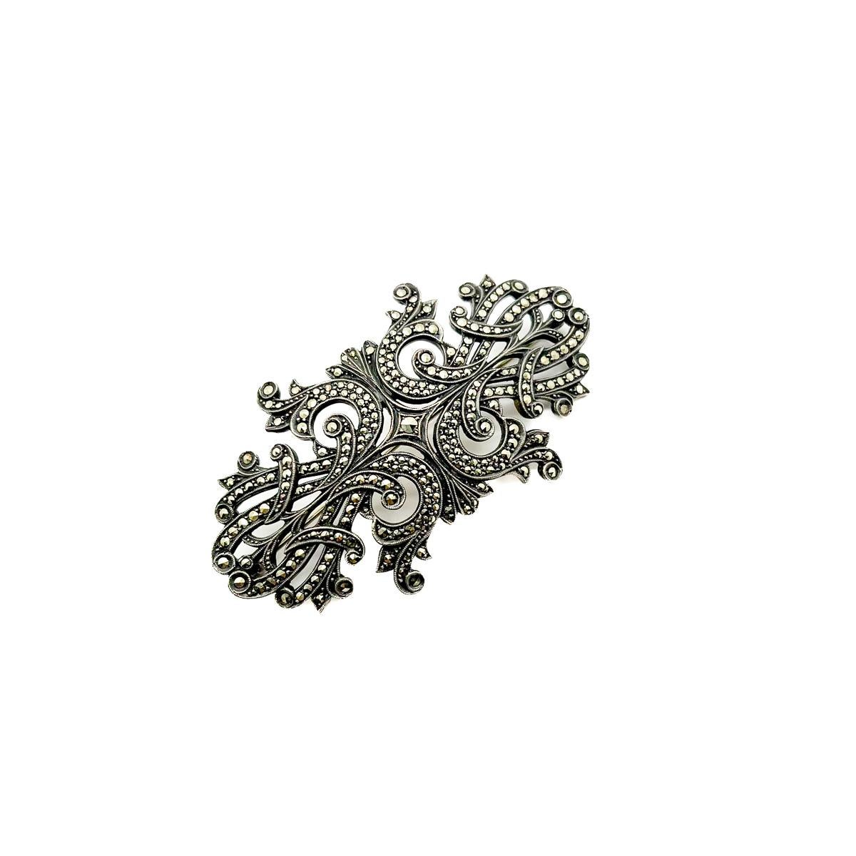 Antique Sterling Silver & Marcasite Panel Brooch 1920s In Good Condition For Sale In Wilmslow, GB