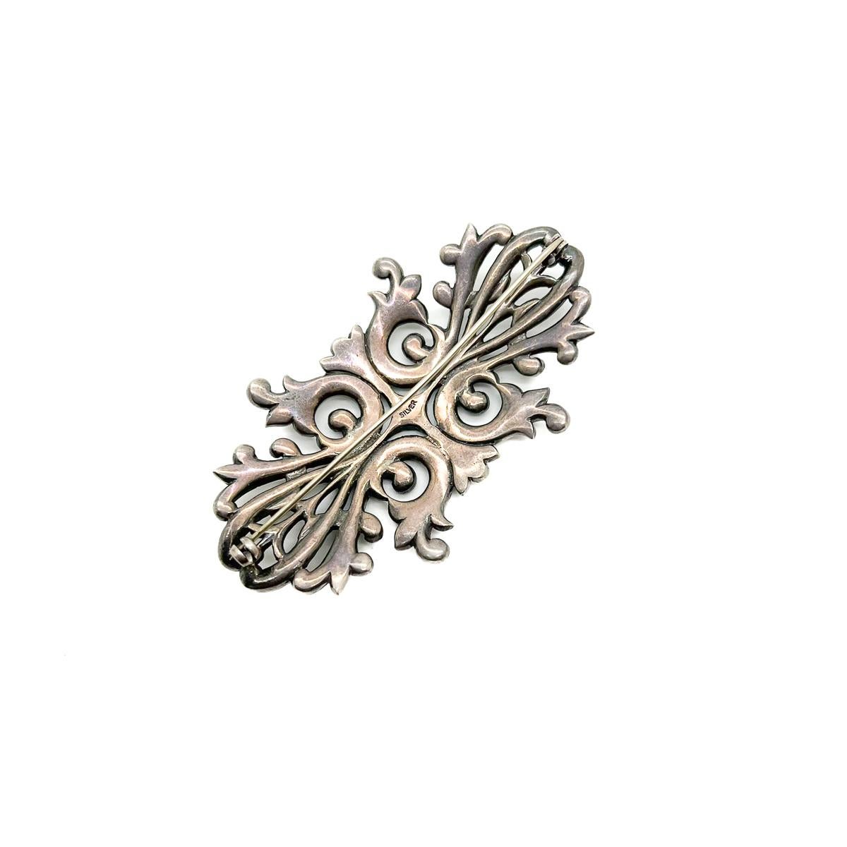 Women's or Men's Antique Sterling Silver & Marcasite Panel Brooch 1920s For Sale