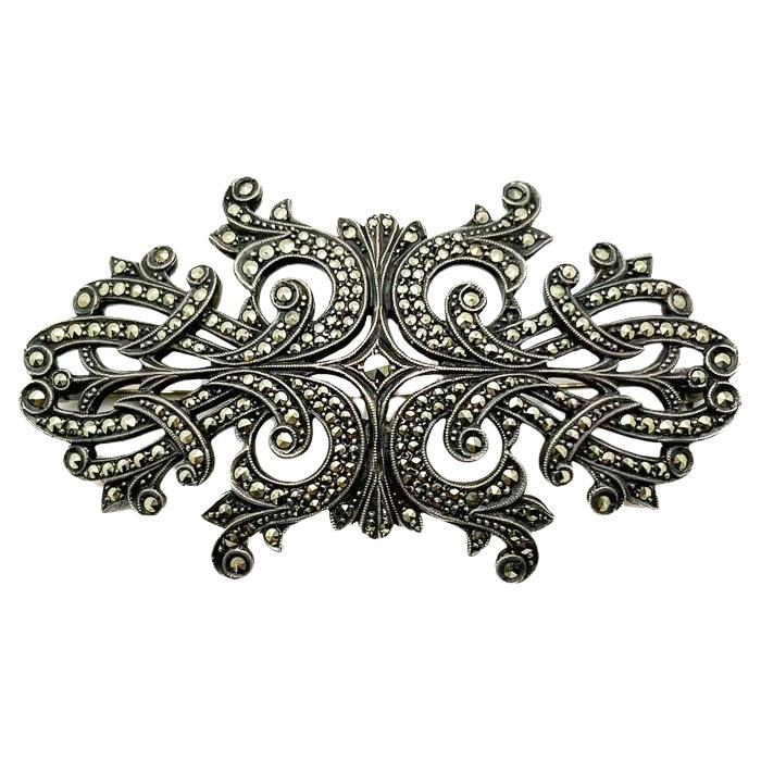 Antique Sterling Silver & Marcasite Panel Brooch 1920s For Sale