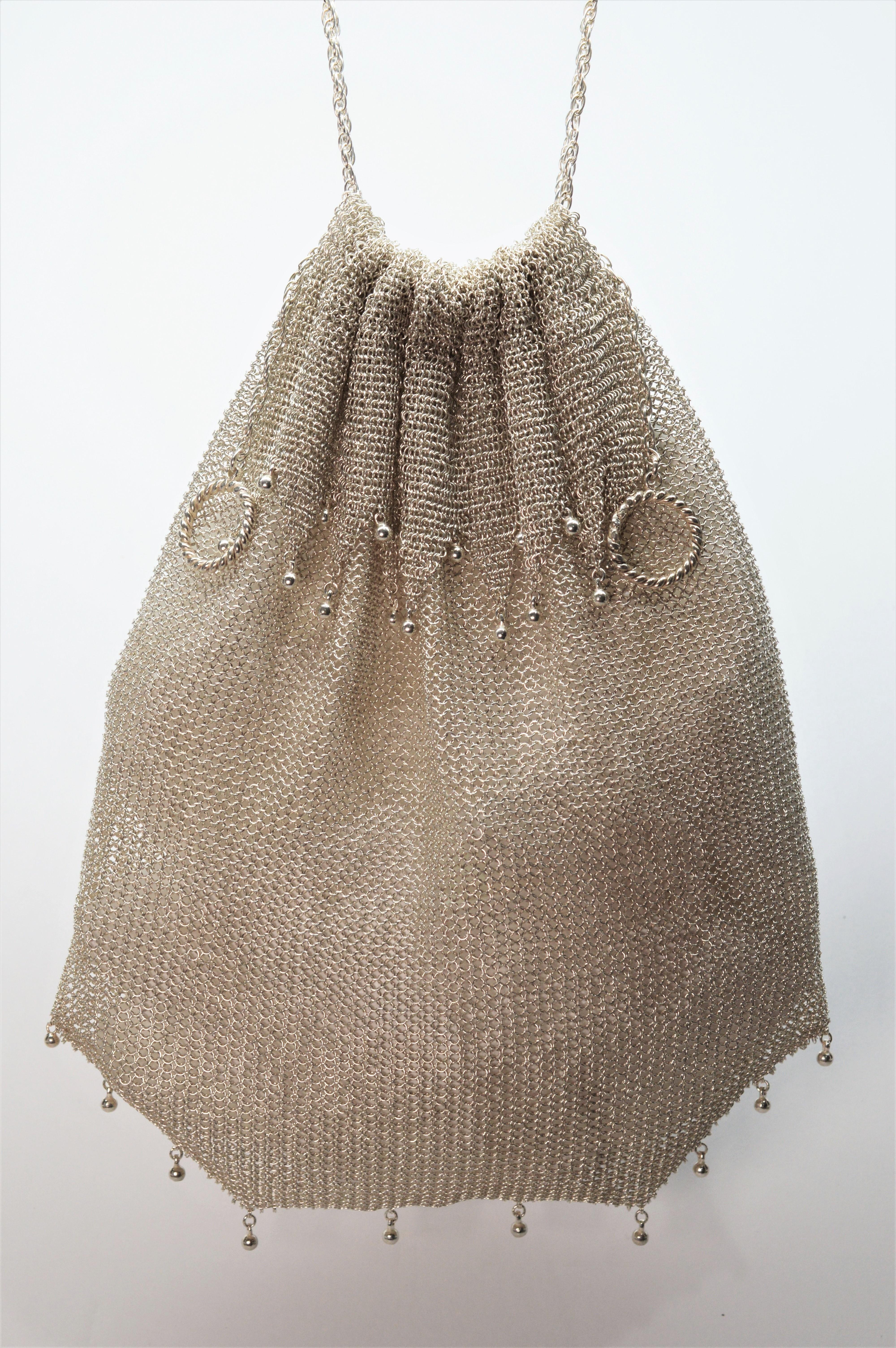 Art Deco Antique Sterling Silver Mesh Evening Bag For Sale