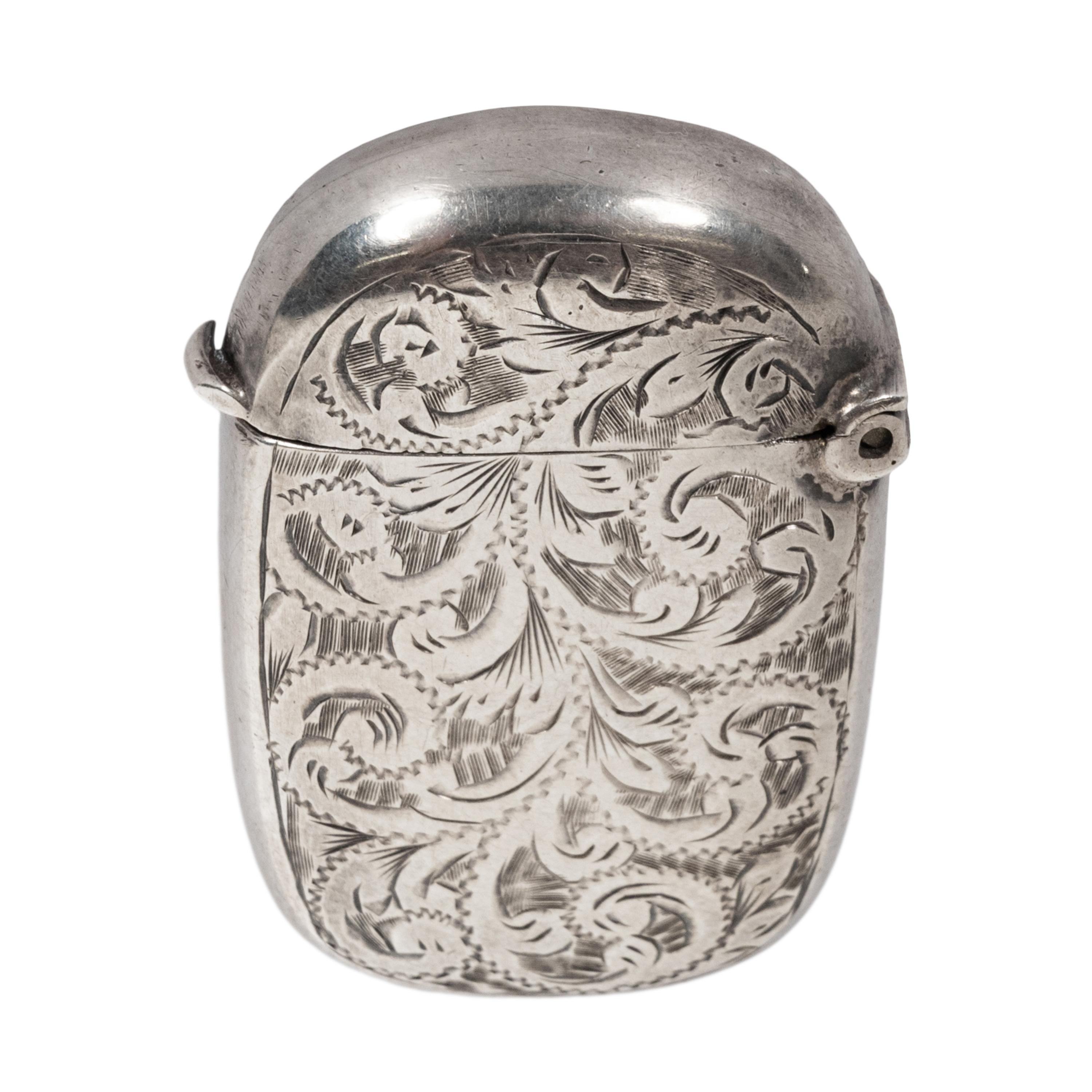 Victorian Antique Sterling Silver Miniature Engraved Vesta Match Case Birmingham 1886 For Sale