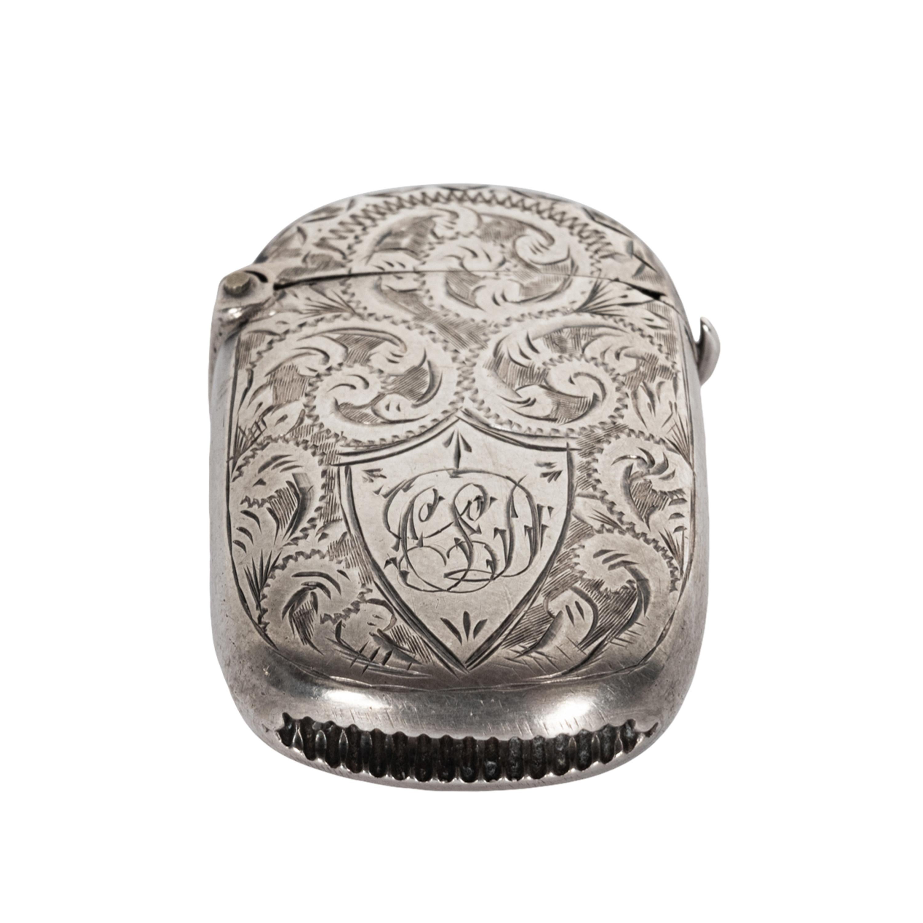 English Antique Sterling Silver Miniature Engraved Vesta Match Case Birmingham 1886 For Sale
