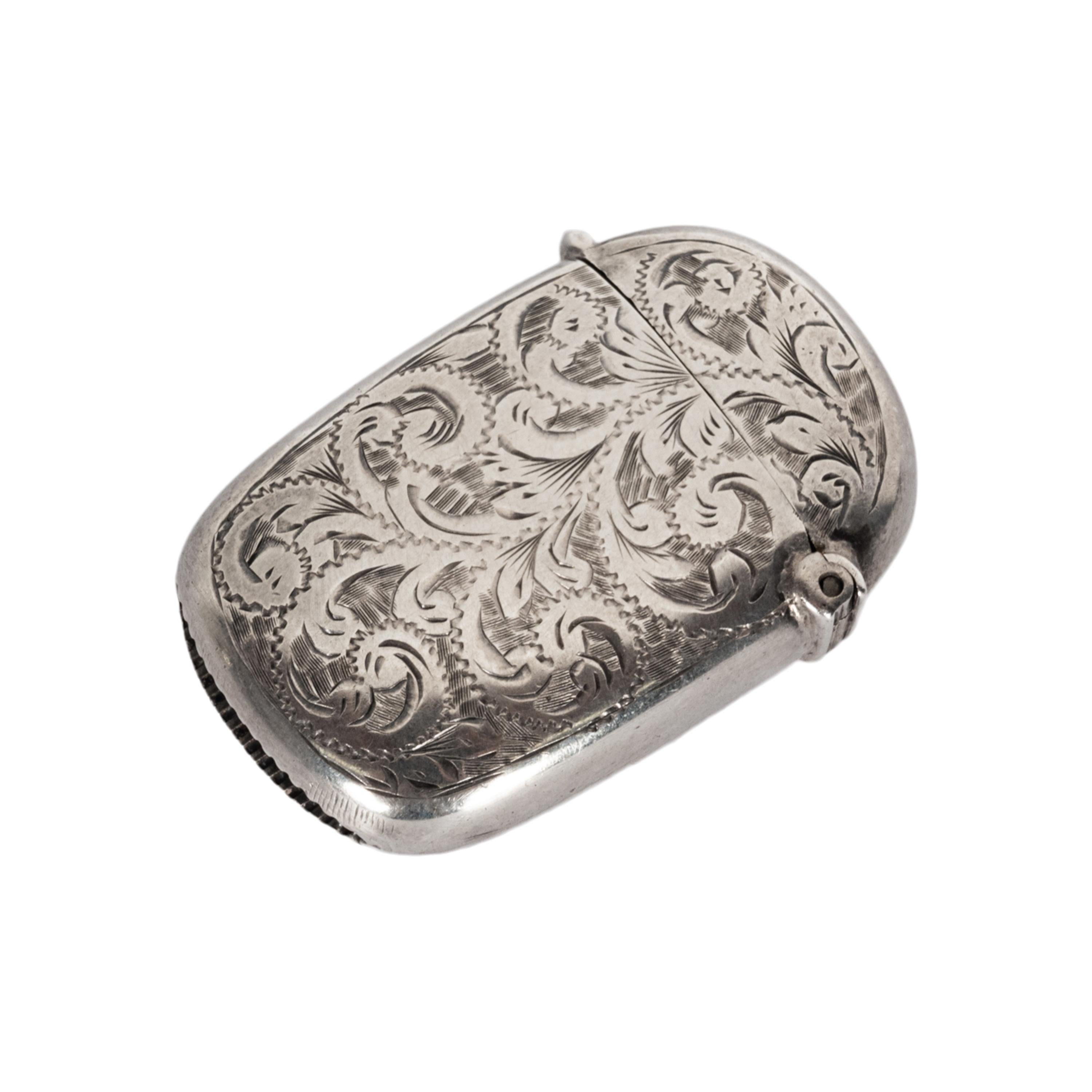 Antique Sterling Silver Miniature Engraved Vesta Match Case Birmingham 1886 For Sale 1