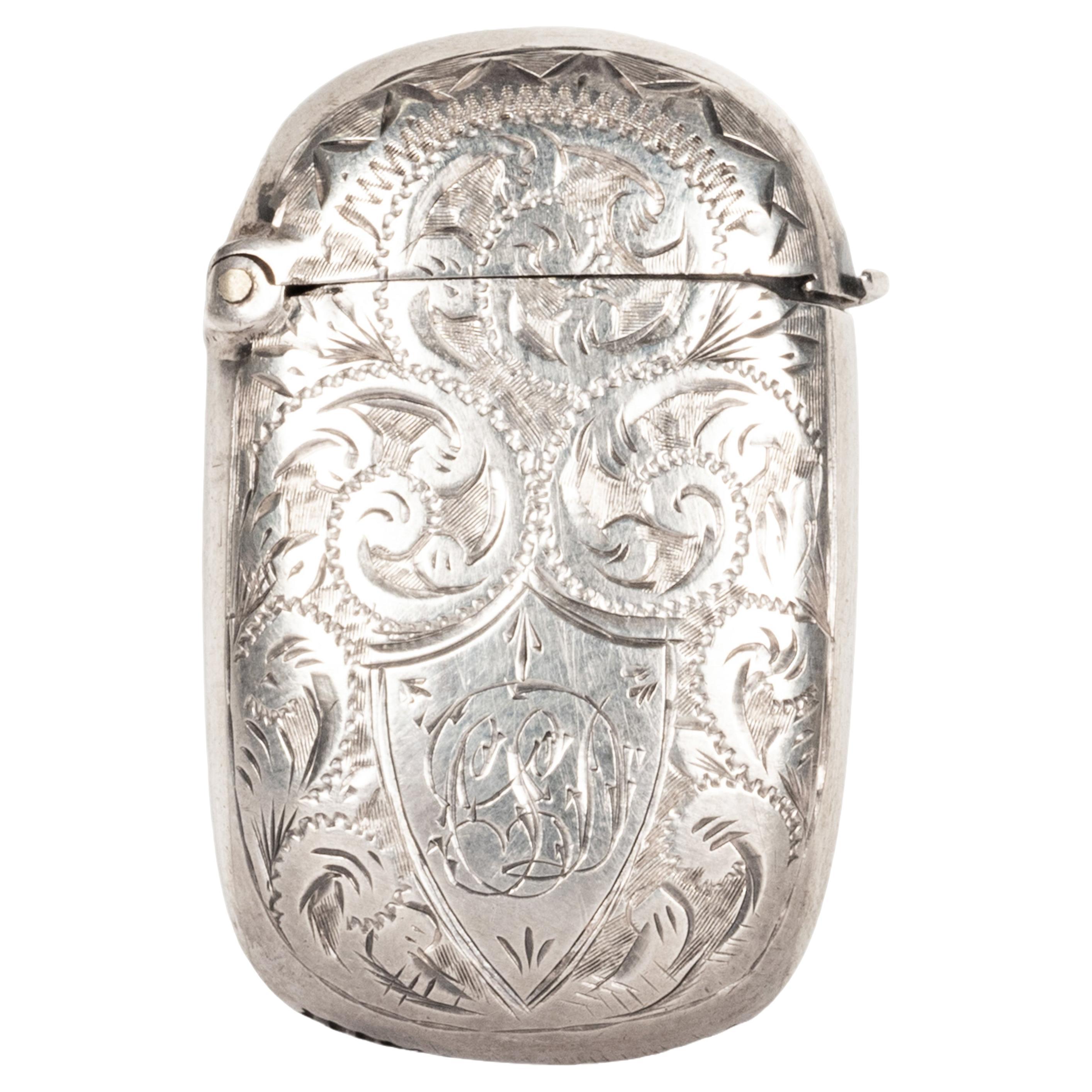 Antique Sterling Silver Miniature Engraved Vesta Match Case Birmingham 1886