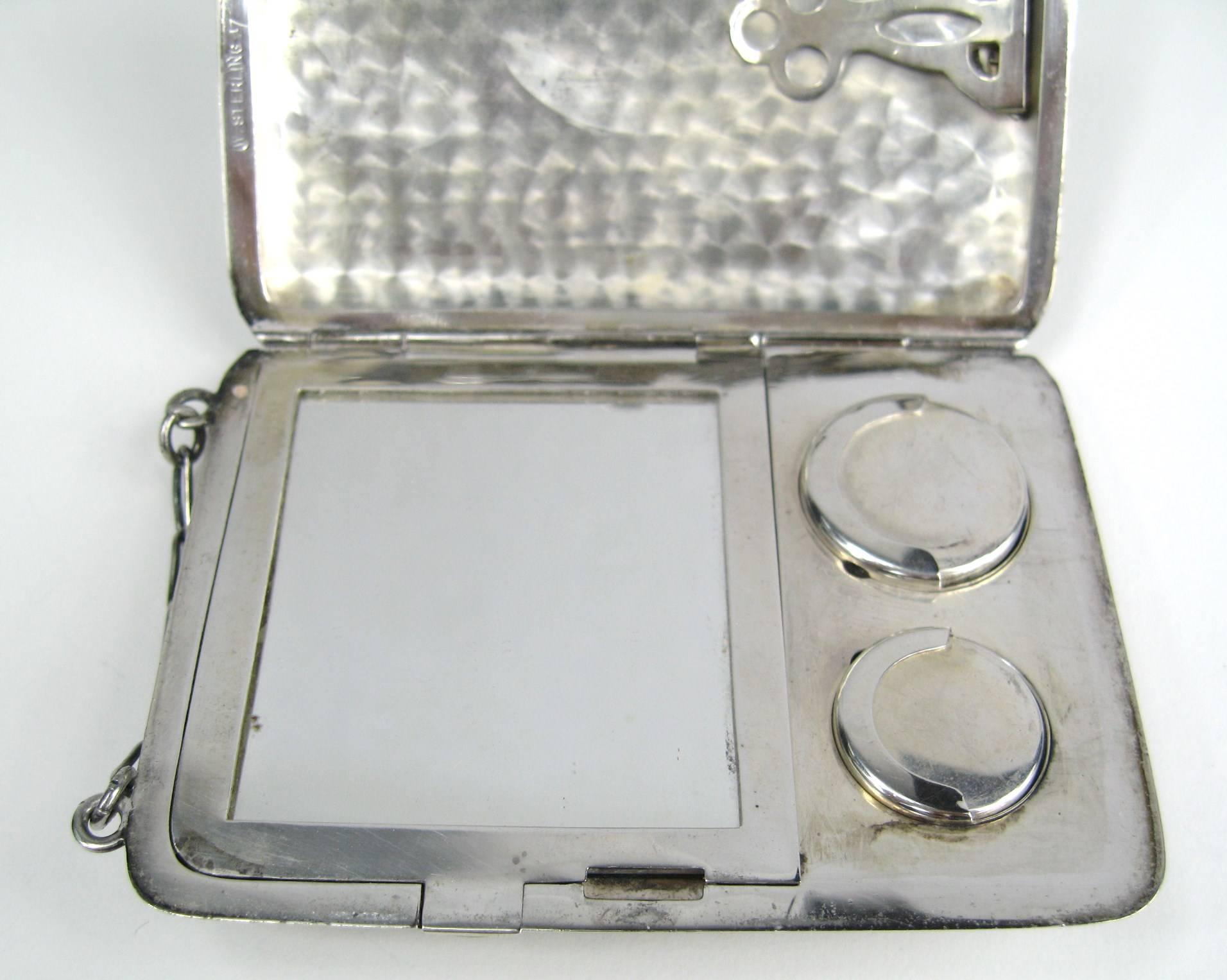 Antique Sterling Silver Mirror Card Coin Purse Compact Case nécessaire 1