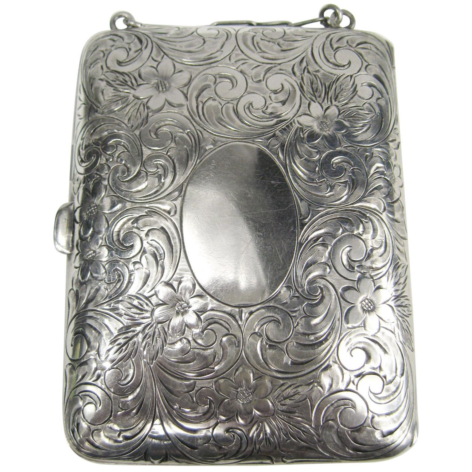 Antique Sterling Silver Mirror Card Coin Purse Compact Case nécessaire